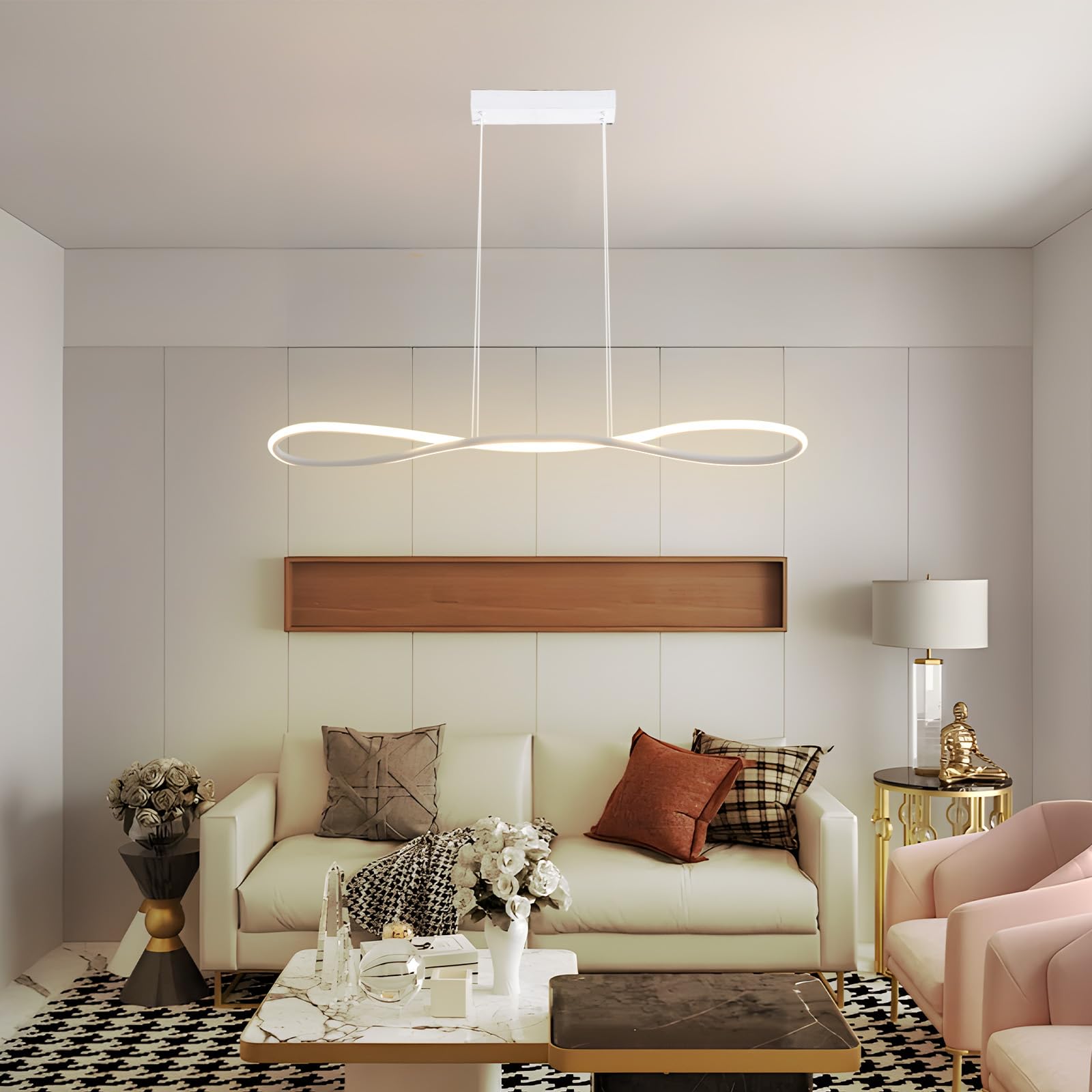 Lampada a Sospensione Moderna a LED, Lampada da Cucina da 90 cm Dimmerabile, Lampada a Sospensione Regolabile in Altezza per Soggiorno, Lampadario Camera da Letto da 32W(Bianco)
