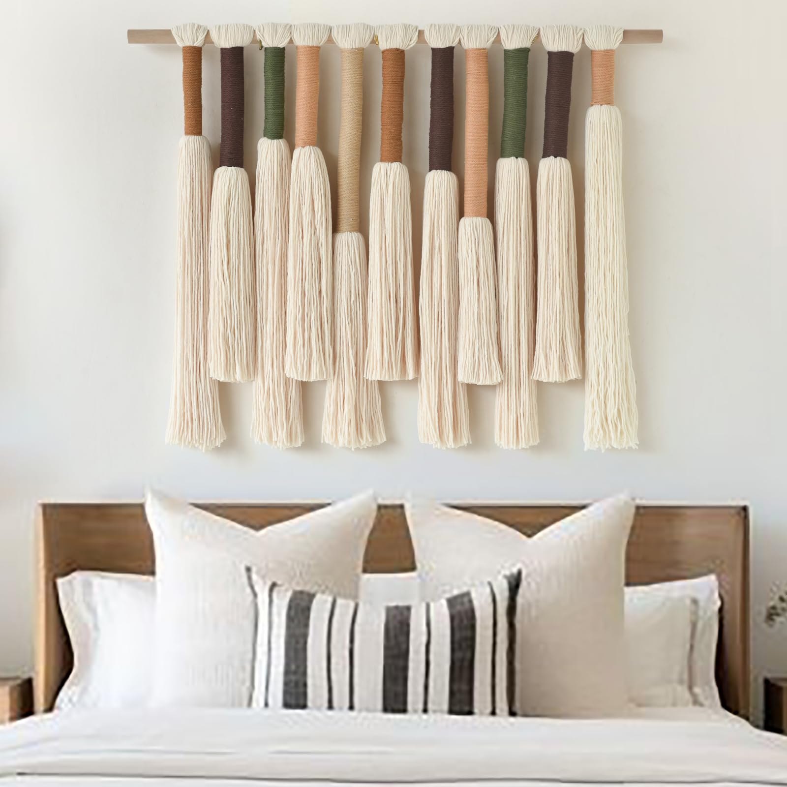 Jakalin Makramee-Wandbehang, Boho-Heimdekoration, handgefertigter Baumwollfaser-Kunst-Wandteppich mit neutralen elfenbeinfarbenen Quasten, moderne böhmische Wanddekoration für Wohnzimmer, Schlafzimmer