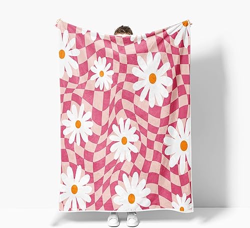 Miniatura 4 de Manta de tablero de ajedrez rosa retro de los años 70, diseño floral, linda manta de franela suave, manta de picnic lujosa, cálida y acogedora para