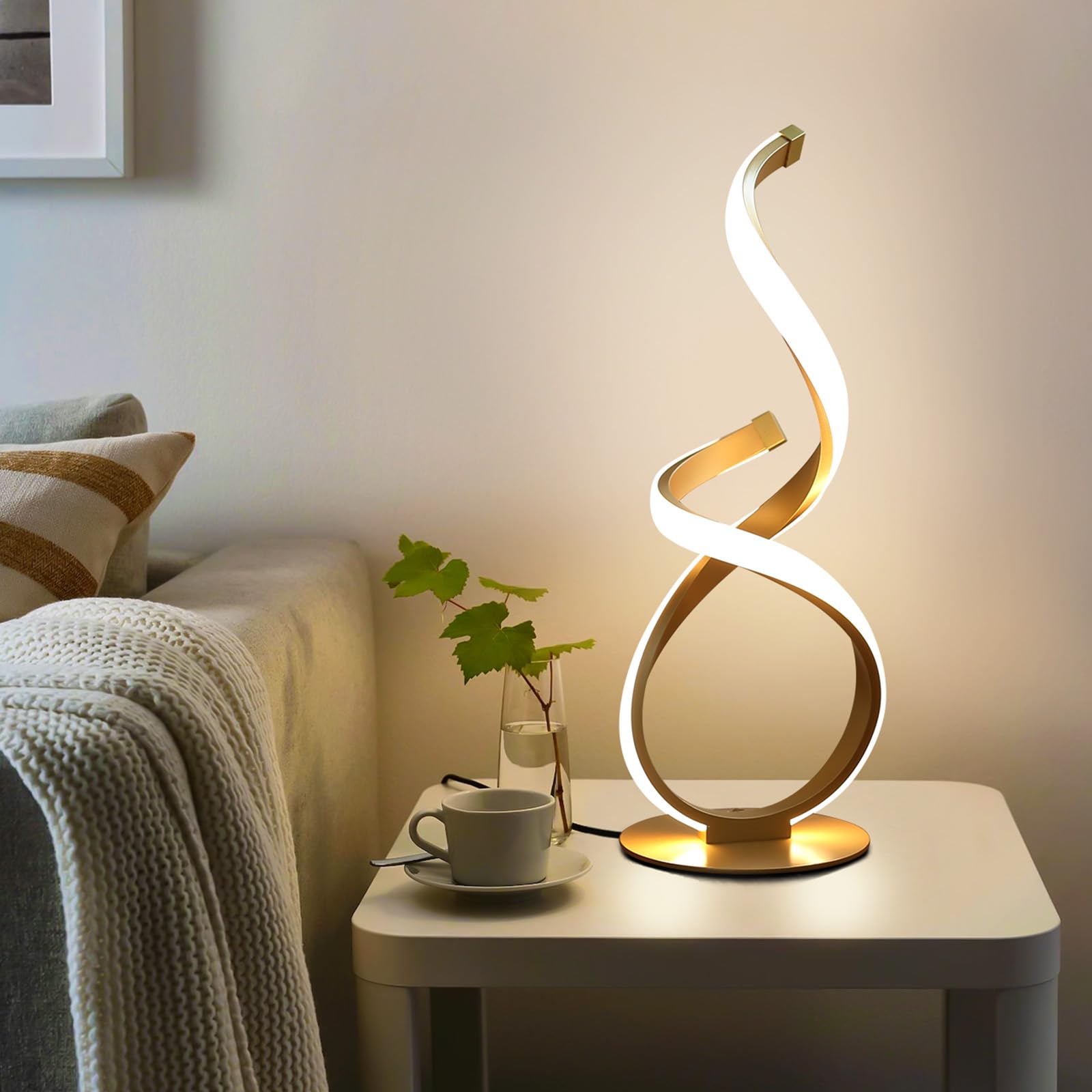 Paquete de 2 lámparas de mesa de noche, lámpara LED de escritorio en espiral, regulable al tacto, temperatura de 3 colores, luz moderna para mesitas de noche, luz lateral única para
