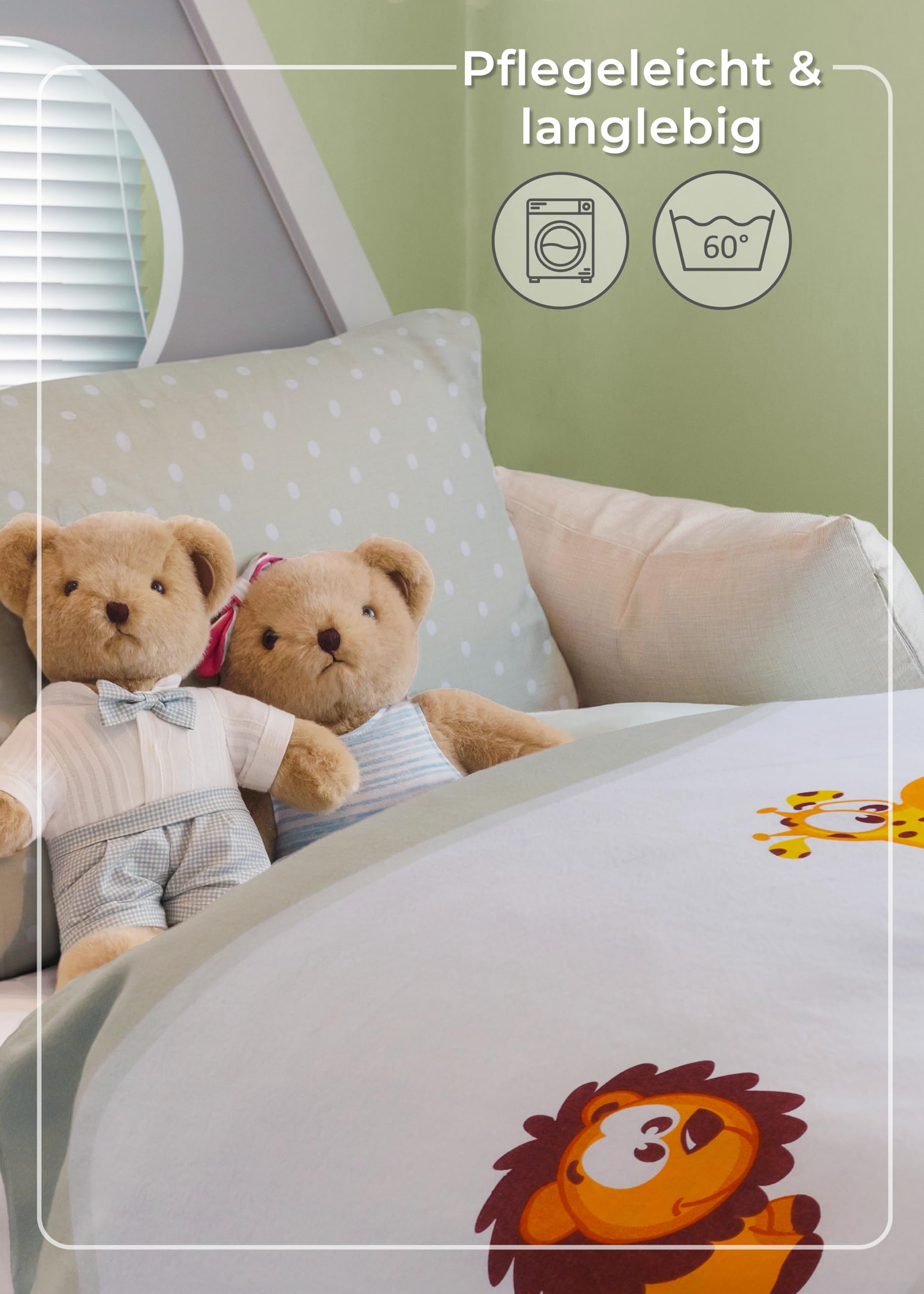 Gräfenstayn® Zestaw pościeli dla niemowląt z nadrukami zwierzęcymi i zintegrowanym zamkiem błyskawicznym ze 100% bawełny – poszewka na kołdrę 135 x 100 cm i poszewka na poduszkę 60 x 40 cm (Żyrafa i