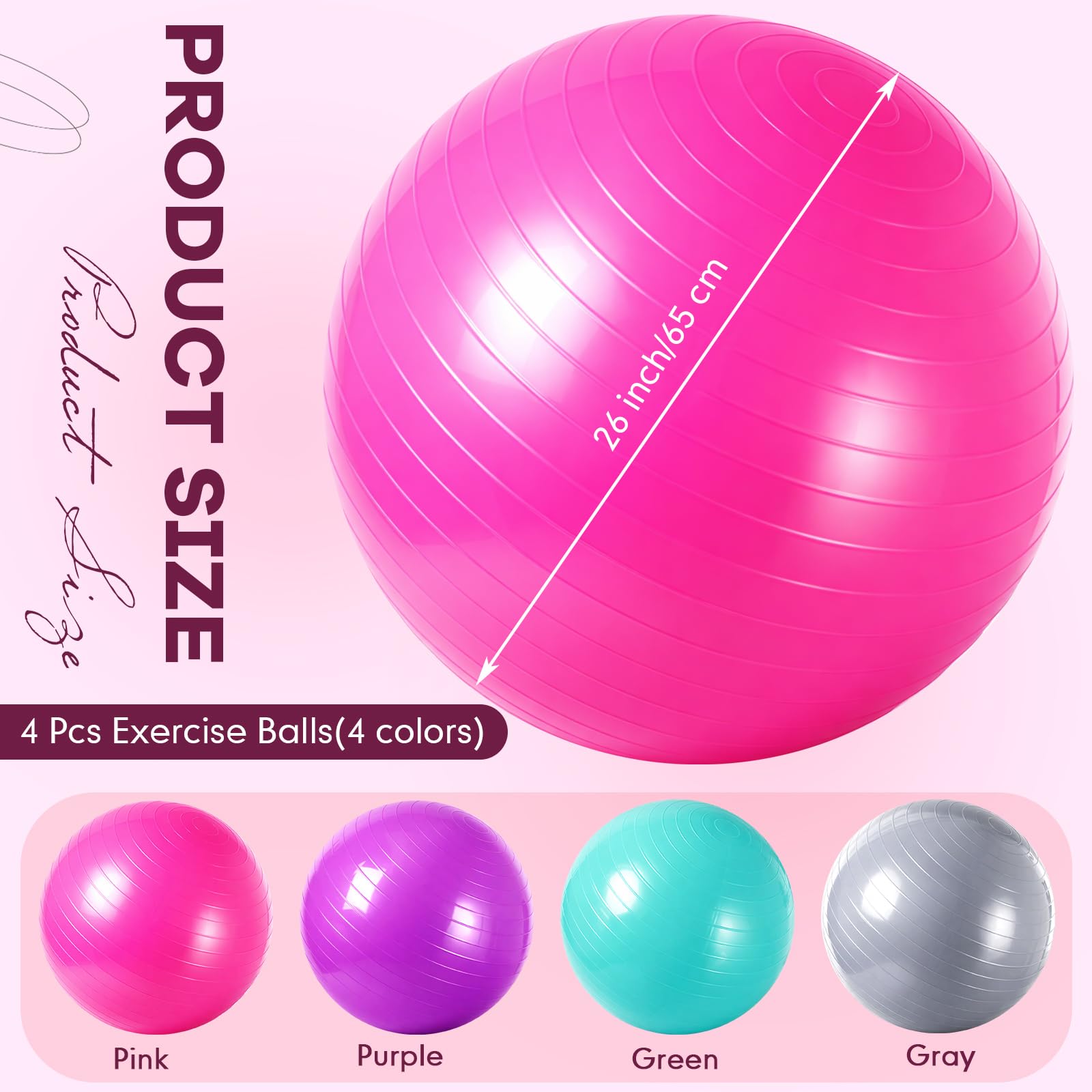 Leyndo 4 Pcs 26 Inch Yoga Exercise Ball Pilates Pregnancy Birthing Fitness Ball with Quick Pump Anti Burst for Improved Posture, Balance, Yoga, Pilates, Training