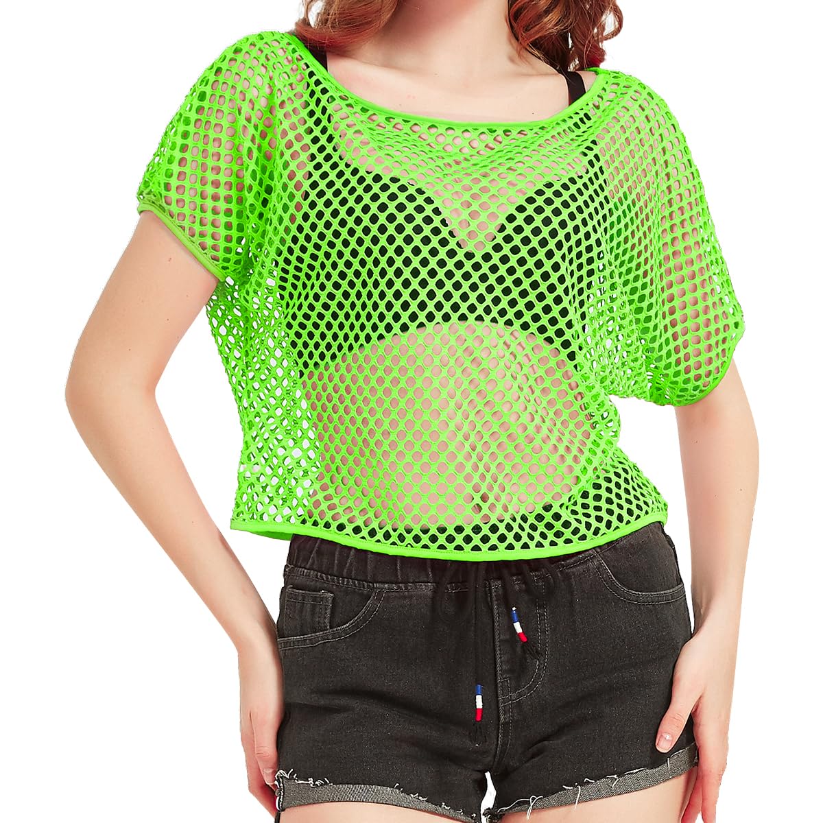 80s Fancy Fishnet Top for Women, Neon Mesh Top Off the Shoulder T-shirt 1980s Retro Theme Party Costume Accessories Cosplay