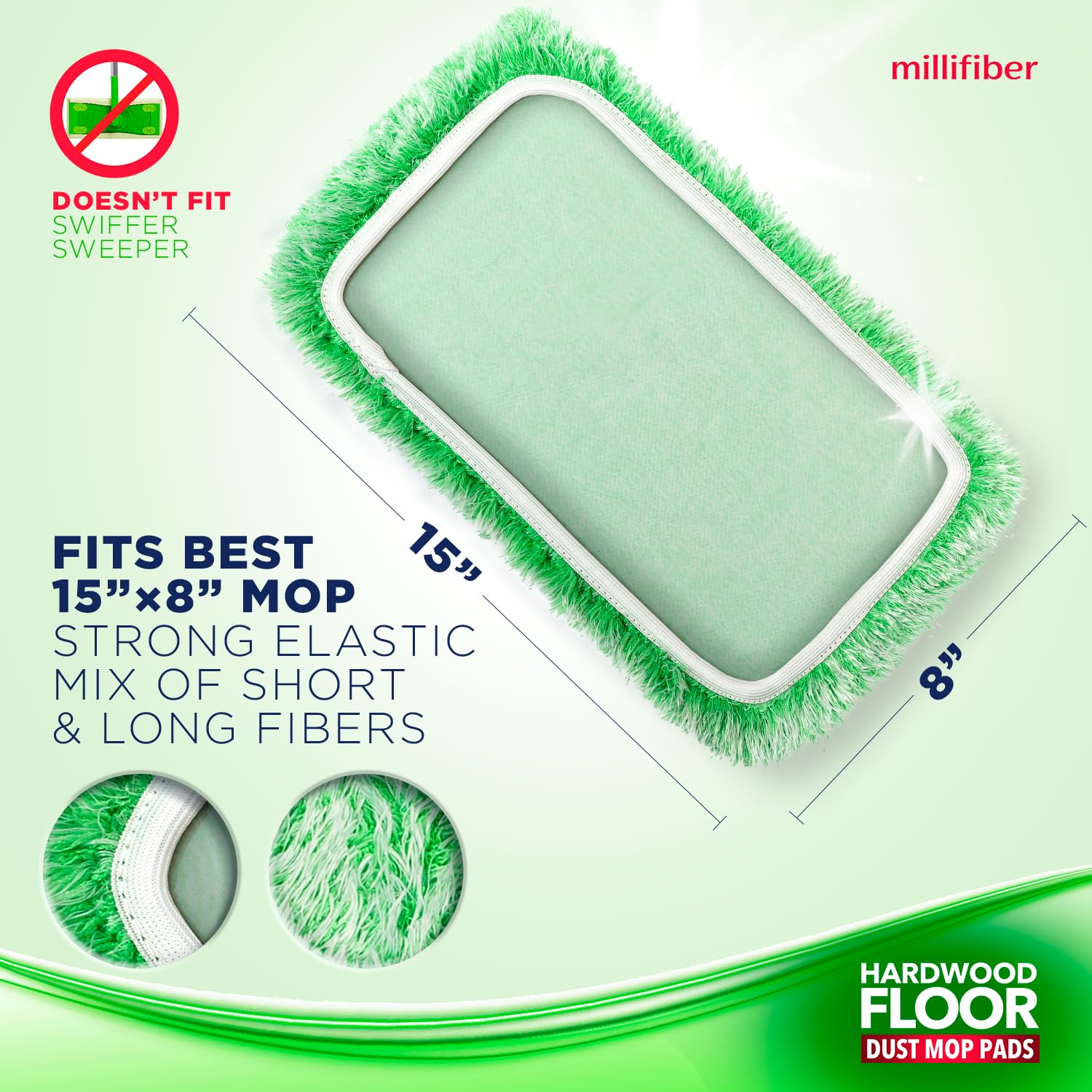 Millifiber Recambio de plumero de piso de 15 x 8 pulgadas, repuesto de plumero resistente para mascotas, compatible con todos los cabezales de fregona de 15 x 8, paquete de 3 (mopa no incluida)