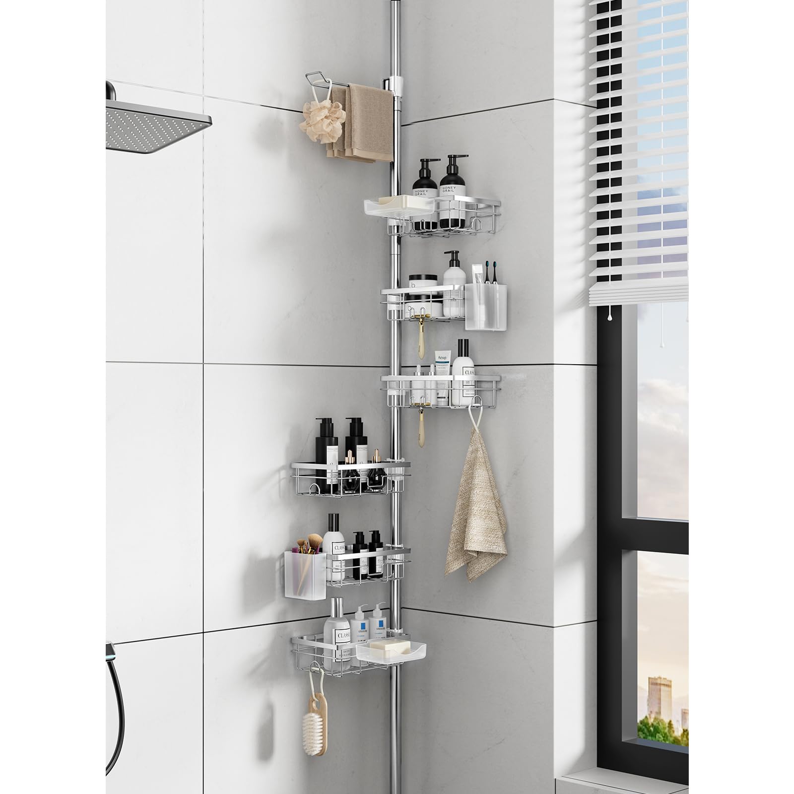 EXLECO Estantería telescópica para ducha con 7 estantes, sin agujeros, 78 – 308 cm, resistente a la oxidación, estantería de baño, estantería esquinera, organizador con barra para toallas, soporte