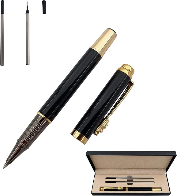 Accod Ballpoint Pen High-end Business Signature Pen Metal Pen Clip Black Ink Rollerball Pen with Two 0.5mm Replacement Refills Gift Pen Premium Gift Box (Black)