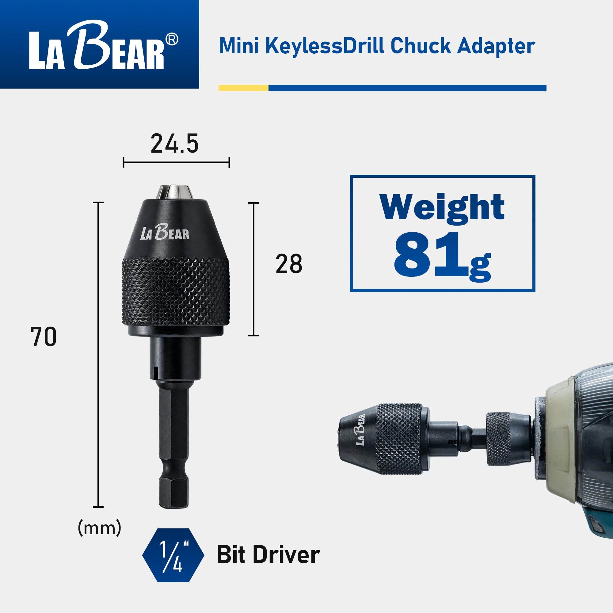 LABEAR Mini adaptador de portabrocas de 3 mandíbulas sin llave con vástago hexagonal de cambio rápido de 1/4 pulgadas para sostener brocas de aleación de aluminio de 0.3 a 6.5 mm negras