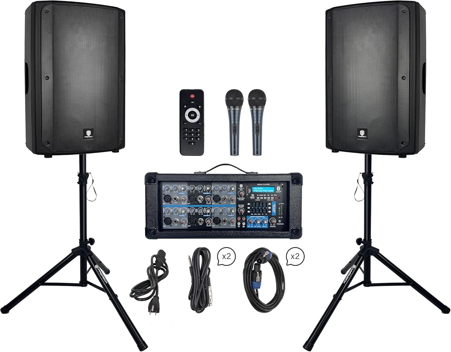 PRORECK Delta 156 2000W Bluetooth-PA-Lautsprecher-System mit 6-Kanal-Aktiv-Mixer, 2 passiven 15-Zoll-Lautsprechern, Lautsprecherständern, Hall & 15V-Phantomspeisung – für DJ, Band, Karaoke, Live