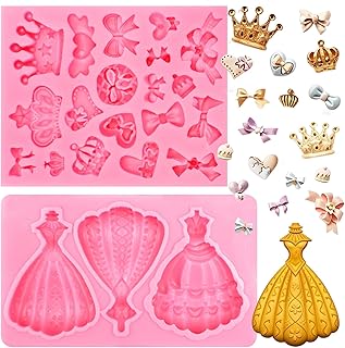 3D Princess Dress Fondant Molds, Princess Crown with Star Pattern Silicone Molds, Love Bowknot Bow Tie Little Cake Chocolate Molds for Baking Cupcake Cookie Soap Candy Dessert Decoration Resin Clay