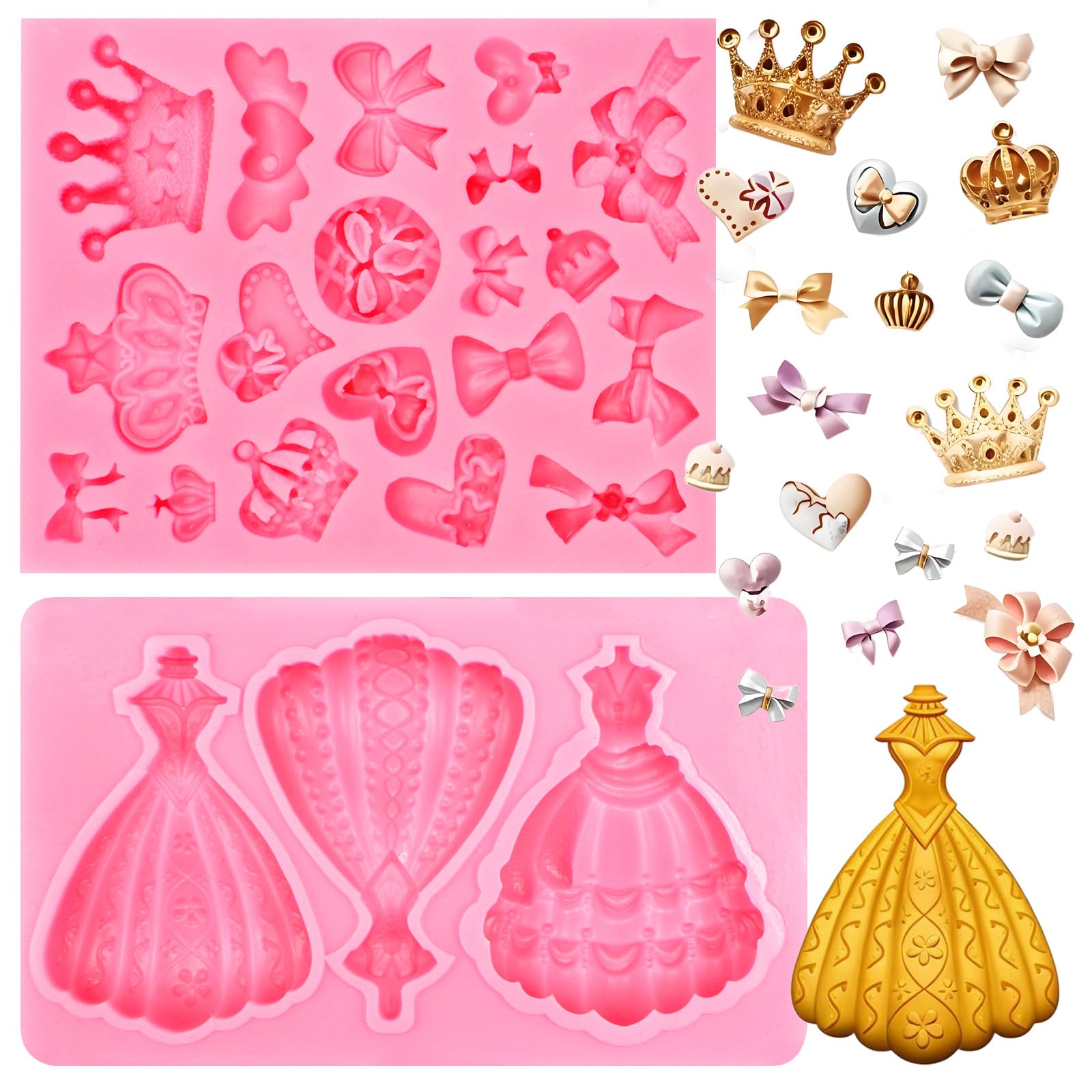 3D Princess Dress Fondant Molds, Princess Crown with Star Pattern Silicone Molds, Love Bowknot Bow Tie Little Cake Chocolate Molds for Baking Cupcake
