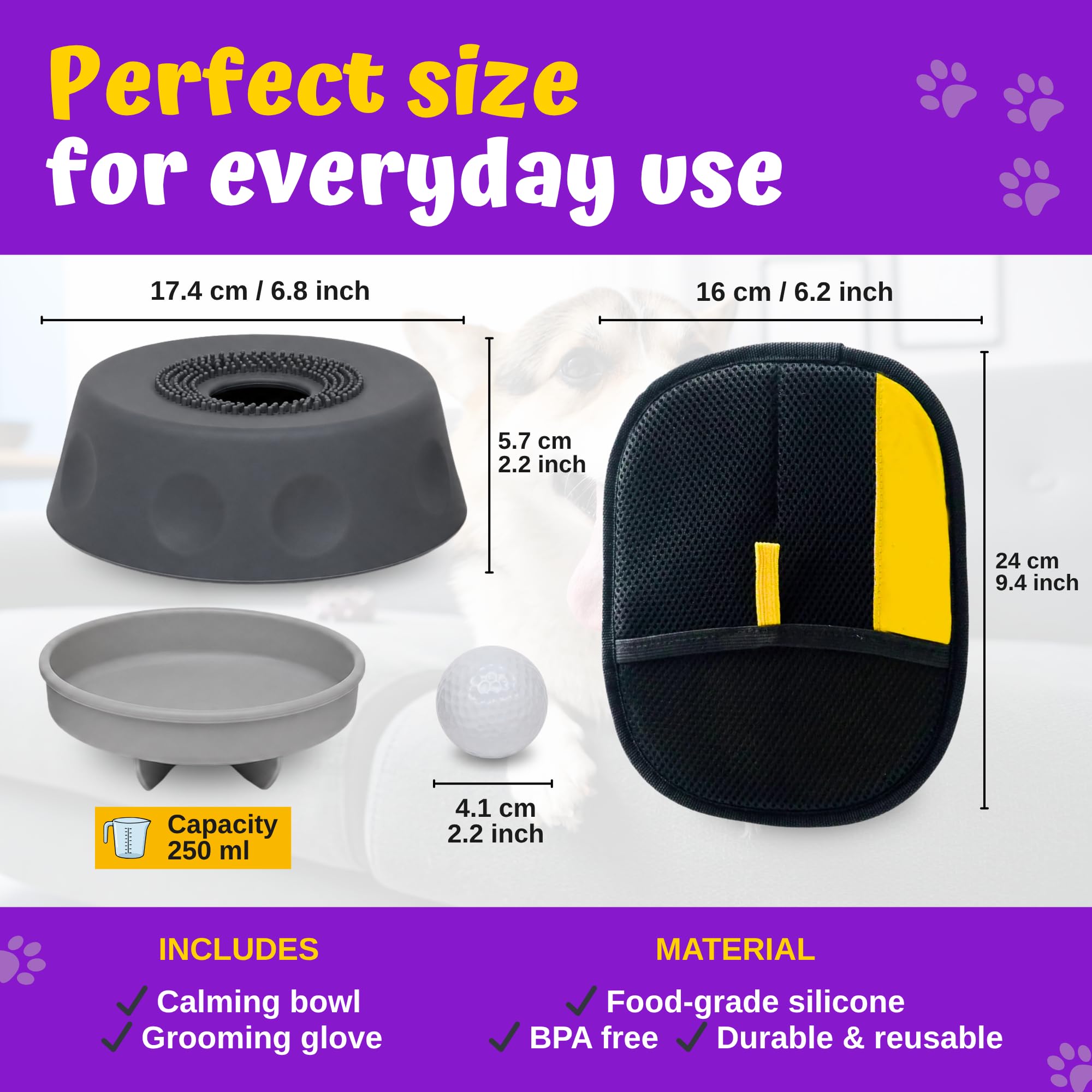 Gamelle lente pour chien et chat avec motif léchage central + gant pour animal de compagnie en bonus