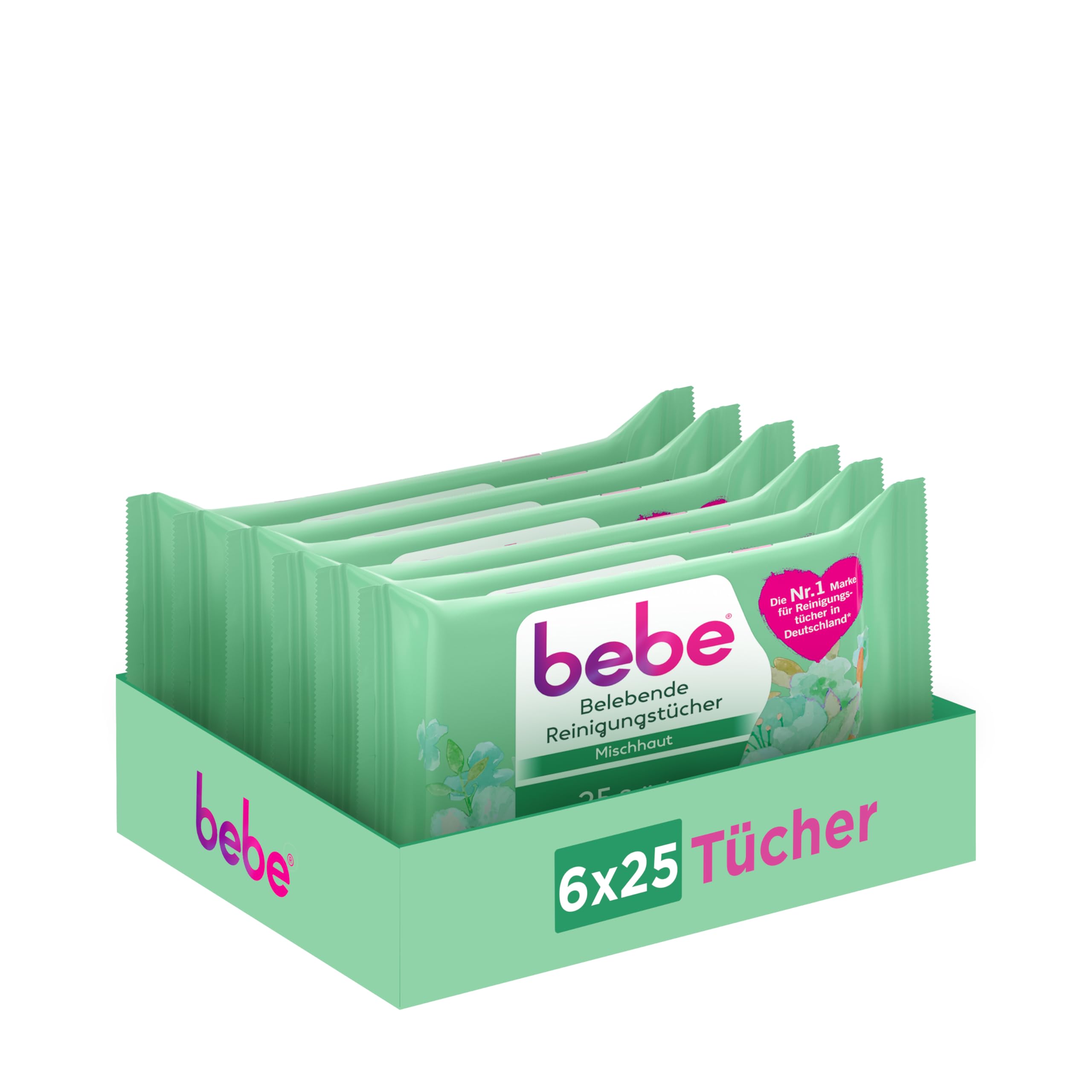 bebe Belebende Reinigungstücher (6 x 25 Tücher), gründlich reinigende Abschminktücher für Mischhaut mit Jojobaöl, milde Gesichtsreinigungstücher entfernen bis zu 99% wasserfestes Make-up