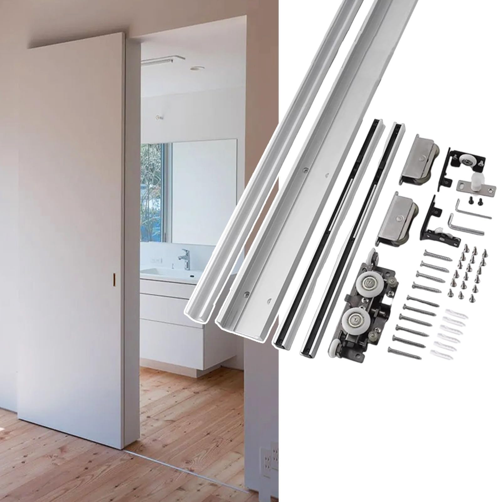 Invisible Ghost Sliding Door Track Kit Soft Close, 24 30 32 34 36 59 in Trackless Sliding Barn Door Hardware, Wall Mount Concealed Closet Door Rail(80cm(31.5in))