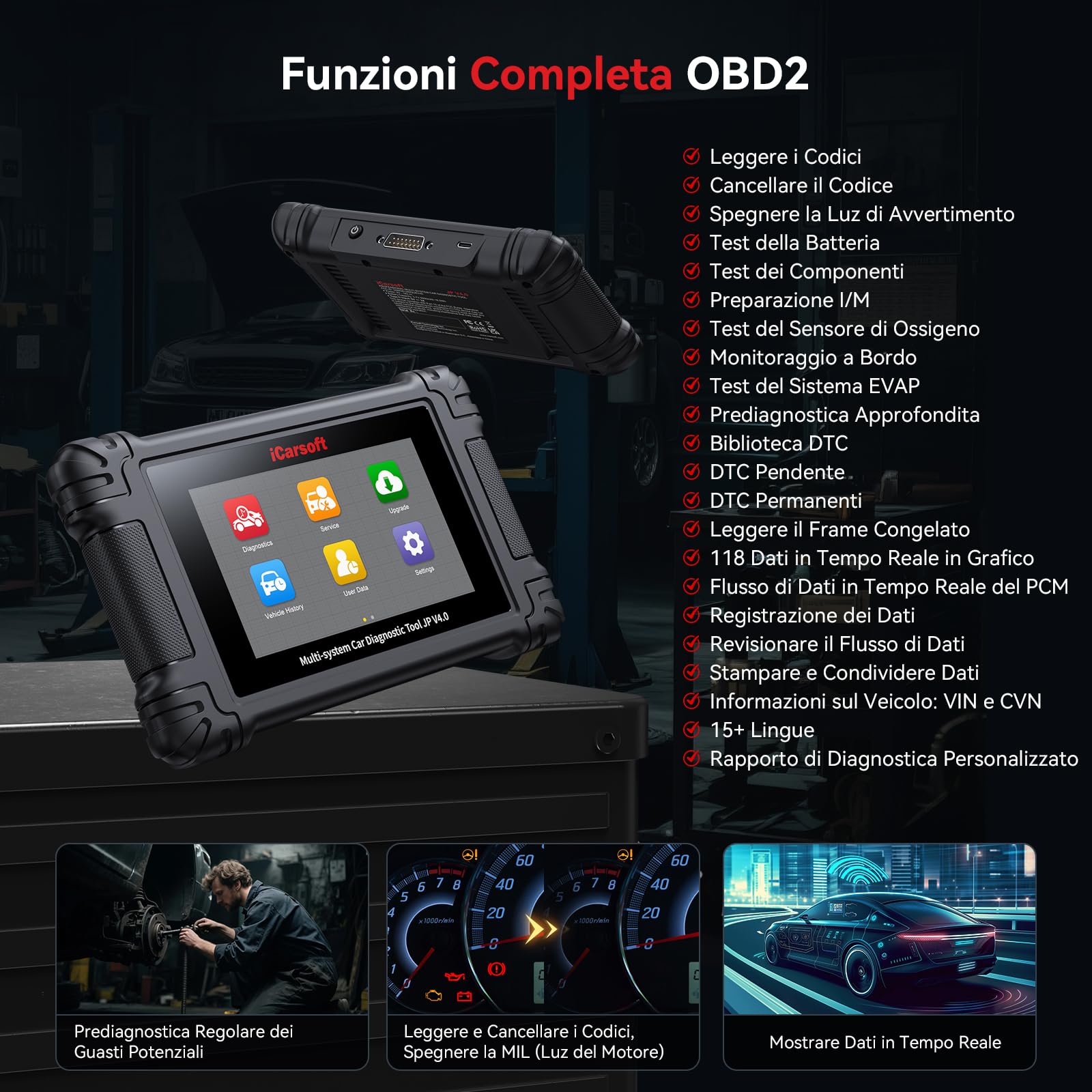iCarsoft JP V4.0 OBD2 Auto Diagnostica per Toyota/Honda/Mitsubishi/Suzuki/Mazda/Hyundai, Diagnosi Auto in Italiano per Tutti i Sistemi, 49 Servizi, Test Bidirezionale, Auto VIN, Aggiornamento WiFi