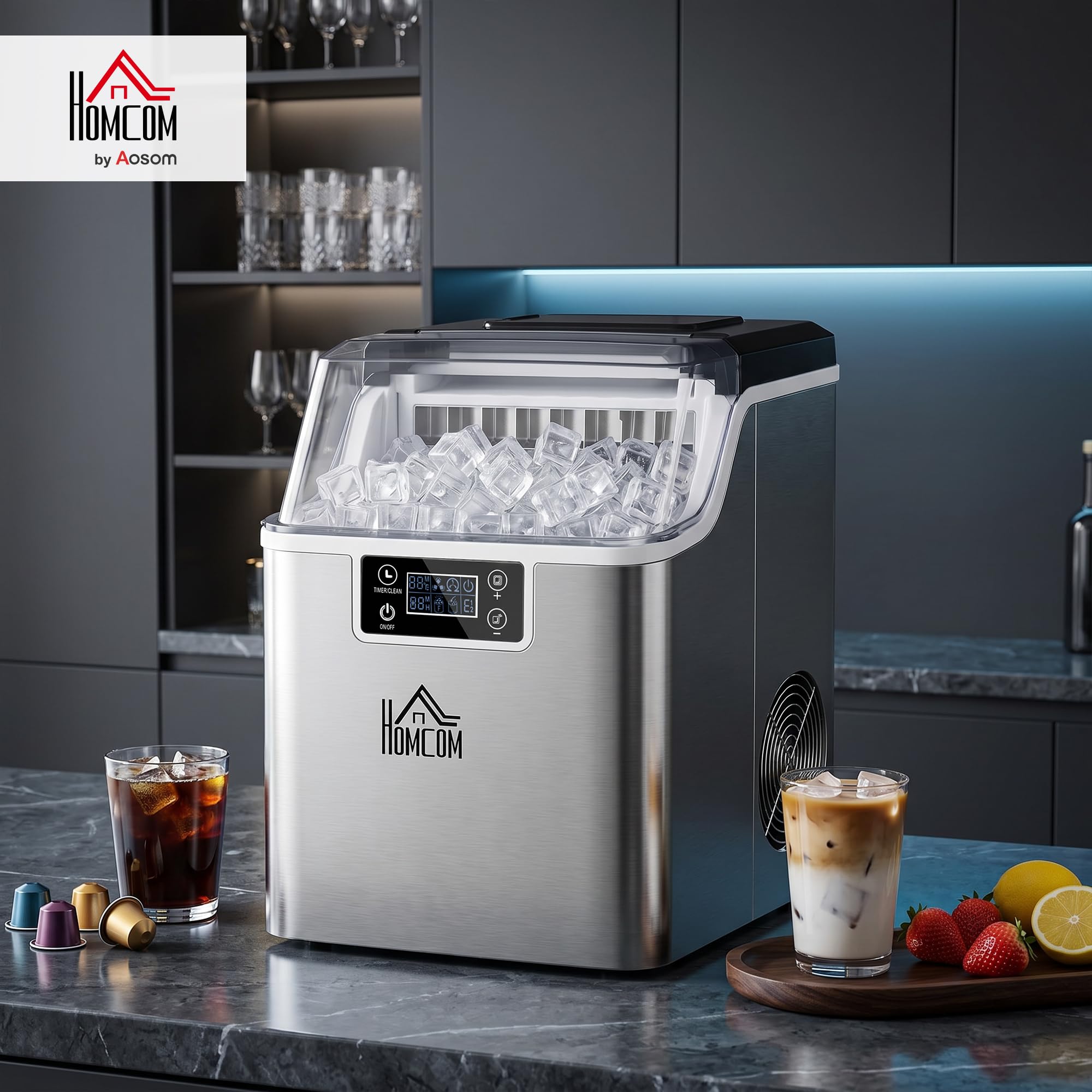 HOMCOM Machine à glaçons, Ice Maker en acier inoxydable 24 glaçons en 14-18 min., 20kg/24h, réservoir d'eau de 3,2L, préparateur de glaçons autonettoyant avec 2 types de remplissage d'eau, pour