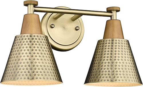 FEMILA Lámparas de baño, luces de tocador de baño de 2 luces sobre espejo, apliques de pared de latón antiguo, pantalla de metal martillado,