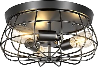 Farmhouse Flush Mount Ceiling Light Fixture, 3-Light Black Industrial Cage Ceiling Light, 15.7" Vintage Close to Ceiling Light for Kitchen, Hallway, Dining Room, Bedroom (E26 Base, UL Listed)