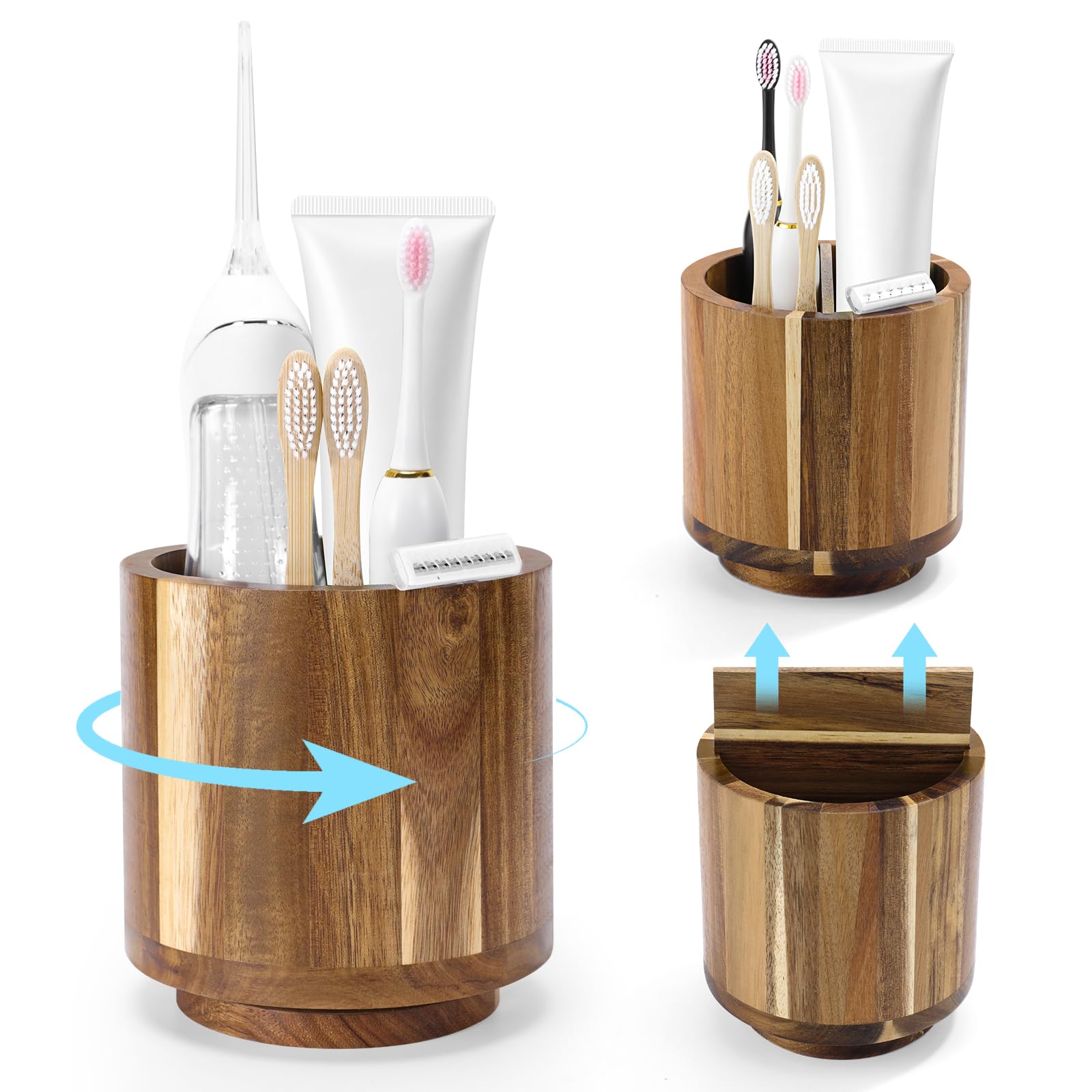 Photo 1 of ** DAMAGE** UJQSUN Toothbrush Holders for Bathrooms,Toothbrush Cup,Wooden Bathroom Cup with Rotation,Bathroom Counter Organizer with Vent Hole,Desk Organizer,For Electric Toothbrush,Toothpaste,Water Flosser,Razor