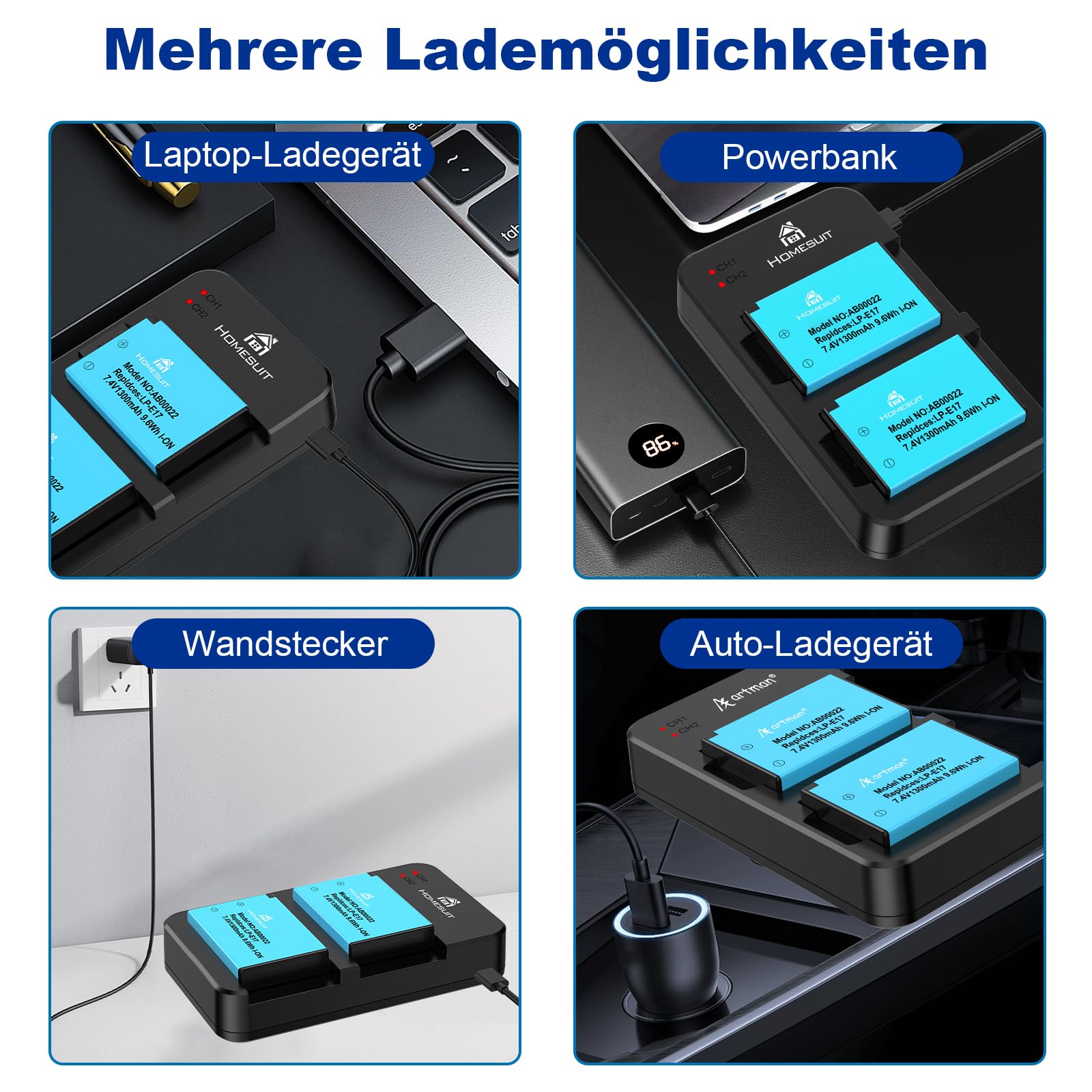 Homesuit 2er-Pack LP-E17 Akku 1300mAh & Typ-C LED Dual Ladegerät Kit für Canon EOS RP, R8, R10, R50, R100, M3, M5, M6, 200D, 77D, 750D, 760D, 800D, 8000D, Rebel SL3, SL2, T8i, T7i, T6i, T6s und mehr