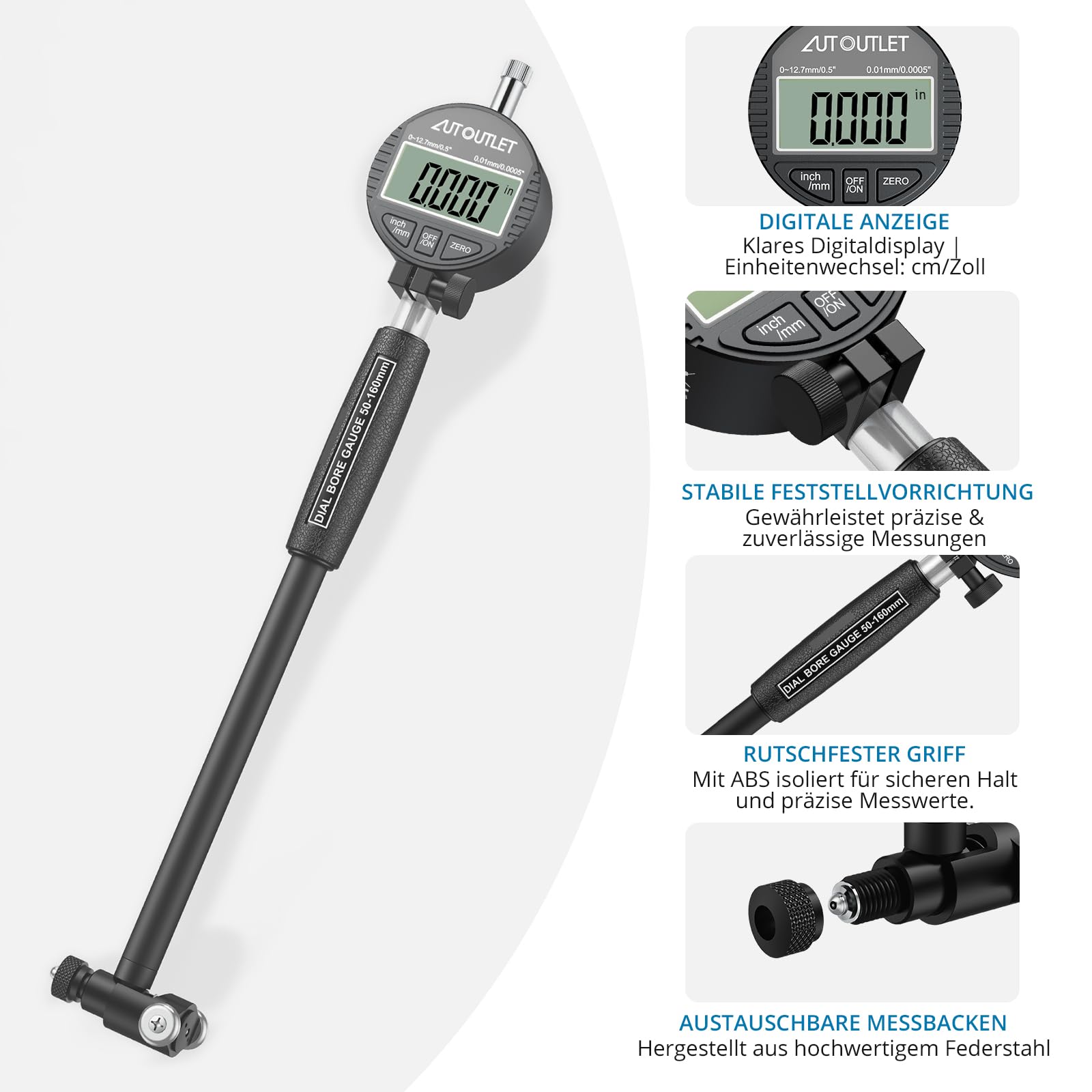 AUTOUTLET Bohrungslehre Messuhr Set 50-160mm, Digitales Bohrungsmessgerät Innenmessgerät Hohe Präzision 0,01mm Innendurchmesser Messuhren mit 12 Sonden & Box, Dial Bore Gauge Industriemesswerkzeug