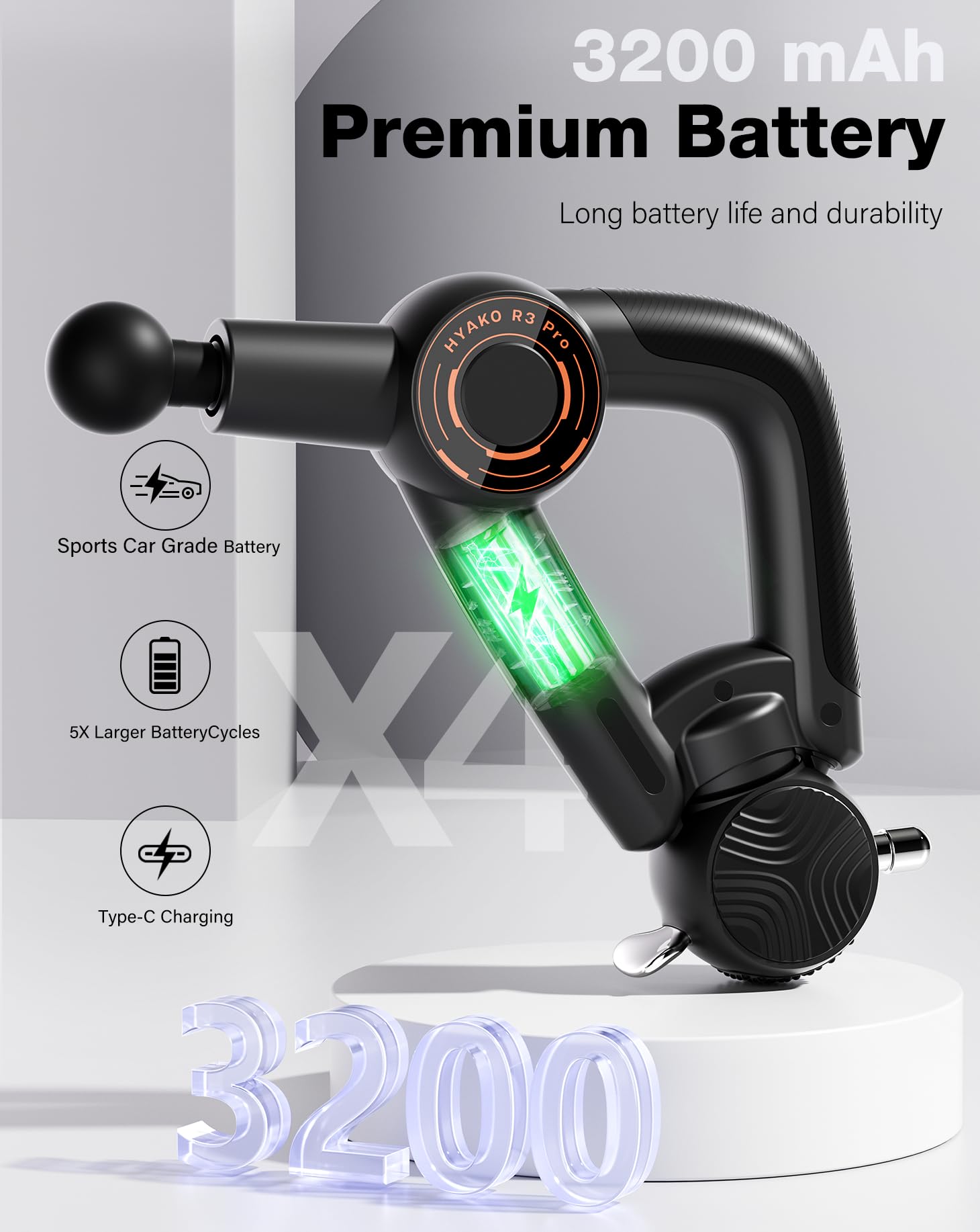 HYAKO R3 Pro - Pistola de masaje 3 en 1 de 16 mm de amplitud + terapia de vibración de alta frecuencia - Pistola de masaje muscular de tejido profundo, alivia el dolor musculoesquelético de todo el