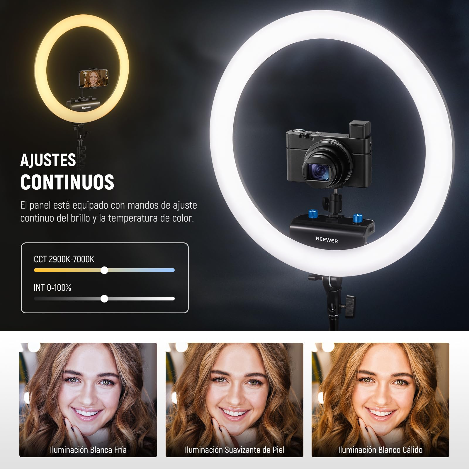 NEEWER RP18B Pro Aro de Luz 18" con Trípode y Soporte para Móvil, Compatible con iPhone, 45W 2900K-7000K App Control, Paño de Limpieza, Vídeo Selfie Maquillaje Estudio Iluminación de Streaming, Negro