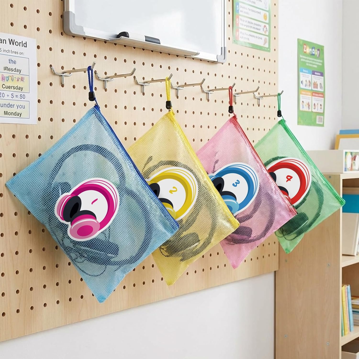 Fuyoooo 24 Pack Classroom Headphone Bags A4 Letter Size Mesh Zipper Pouch Bags Colorful Reusable Plastic Mesh Zipper Pouch with Headphone Digital Stickers for Classroom Library School Organization