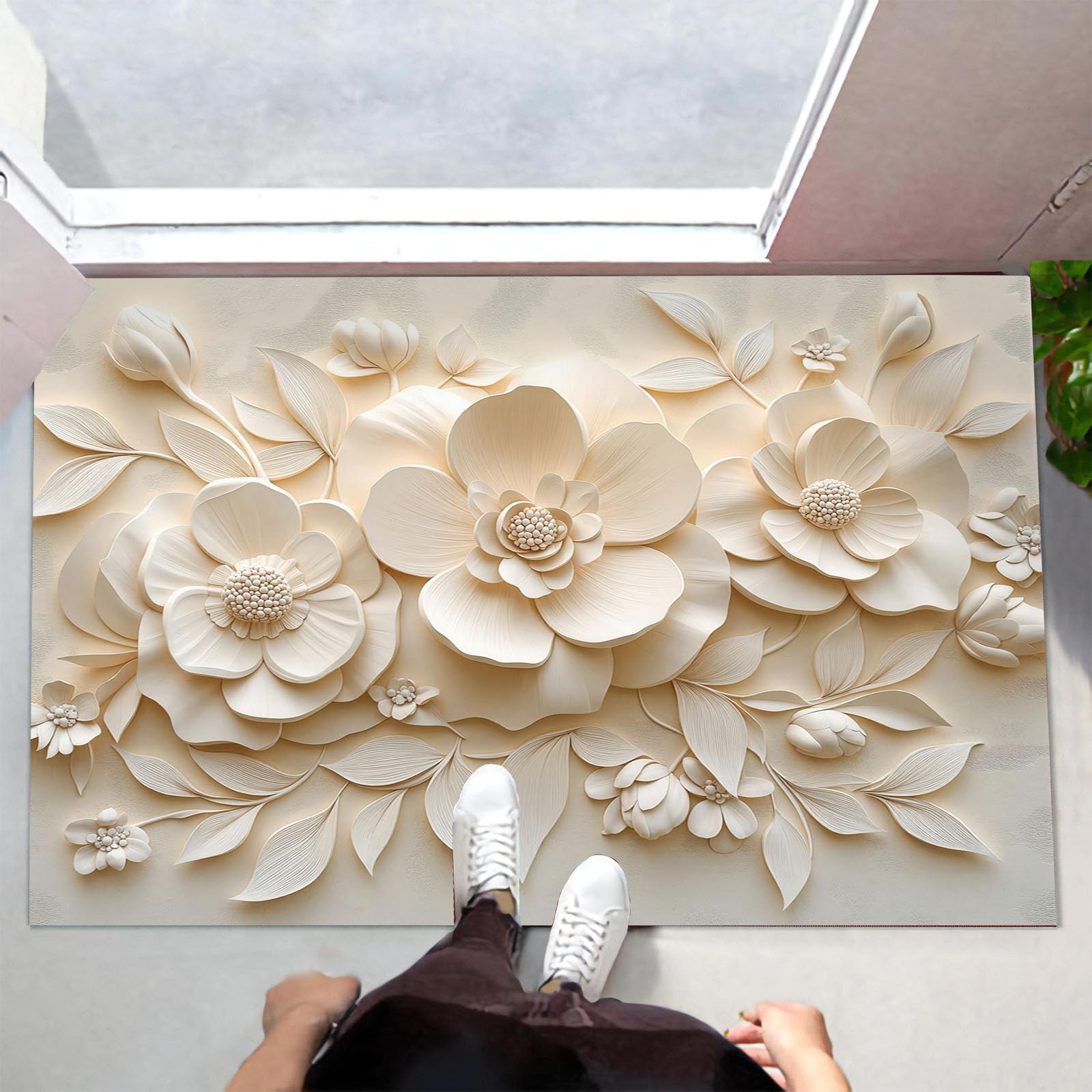 Zerbino Ingresso Interno Rilievo Floreale 3D Elegante, Zerbino Di Benvenuto Lavabile Morbida Estetica Delicata Delle Piante, Antiscivolo Tappeto Da Decorazioni Beige Per Casa Porta, 60X90Cm
