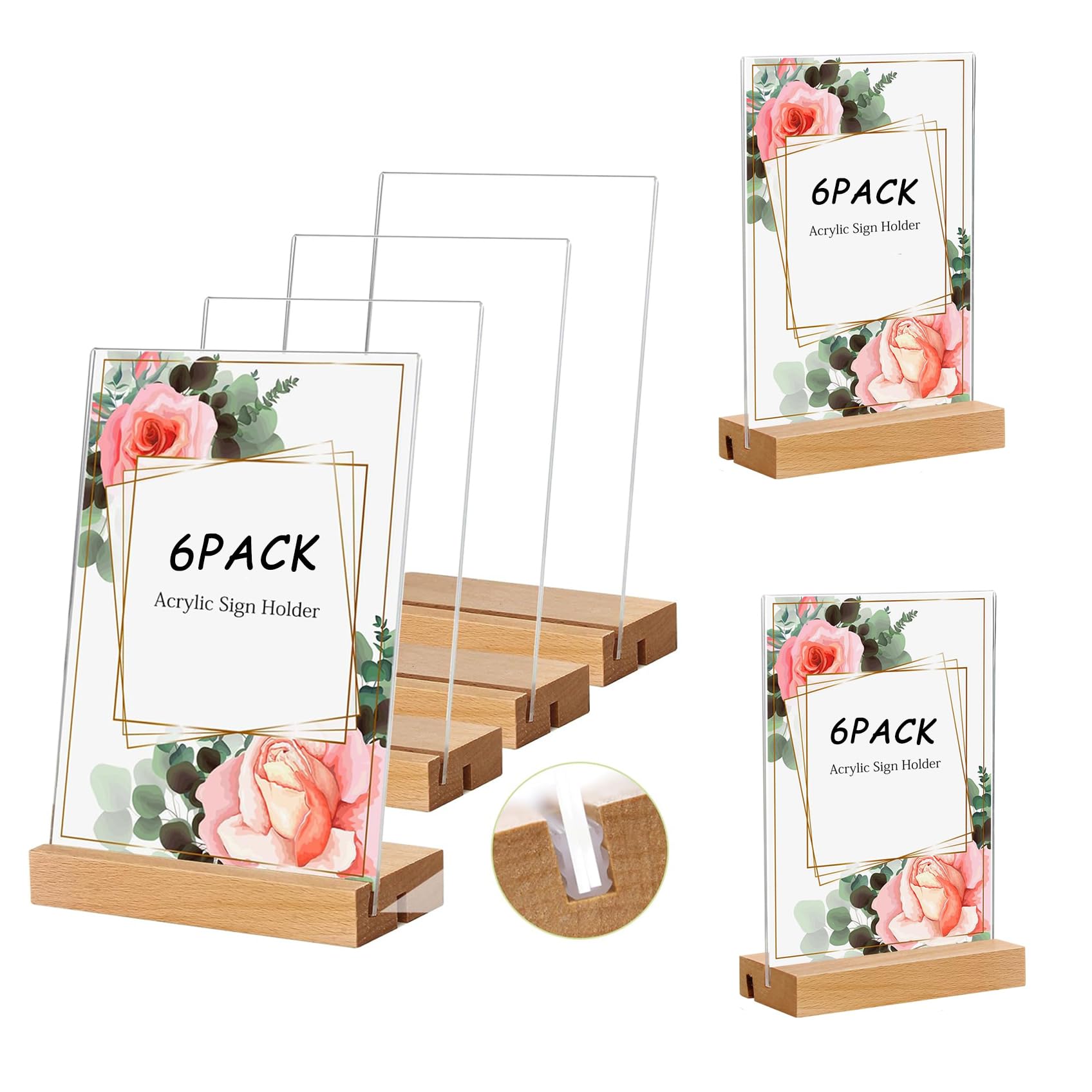 Lot de 6 présentoirs de table A6 - Double emplacement pour cartes - En acrylique - Avec pied en bois - Étiquettes de prix - Porte-cartes de menu - Format portrait - Double face - Pour