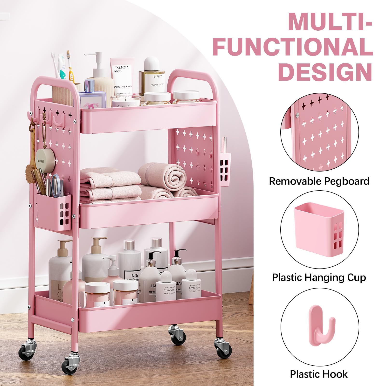 KINGRACK Carrello 3 Livelli Ruote, Rosa | Pannello Forato DIY, Ganci, Cestini, Cucina, Bagno, Ufficio