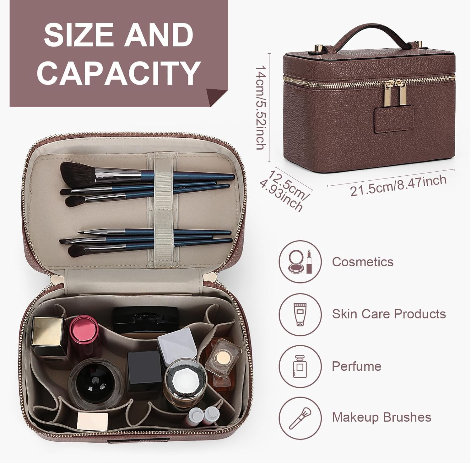 Starnearby Beauty Case Donna in Pelle PU, Borsa Cosmetica da Viaggio, Trousse Trucchi Donna con Divisore Rimovibile, Borsa da Toilette, Pochette Cosmetica da Viaggio (Caffè)