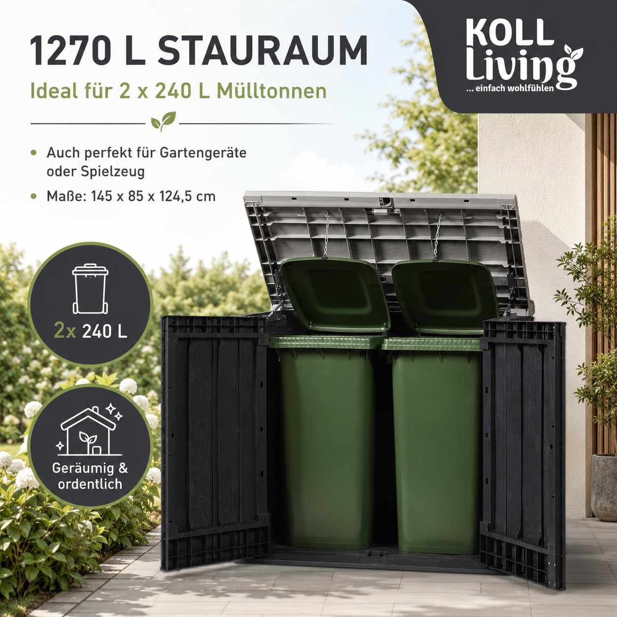 Koll Living Mülltonnenbox 'Vela' 1270 Liter | 145 x 85 x 125 cm | für 2X 240L Mülltonnen | Anthrazit | abschließbar | mit Gasdruckfedern | UV- & witterungesbeständig