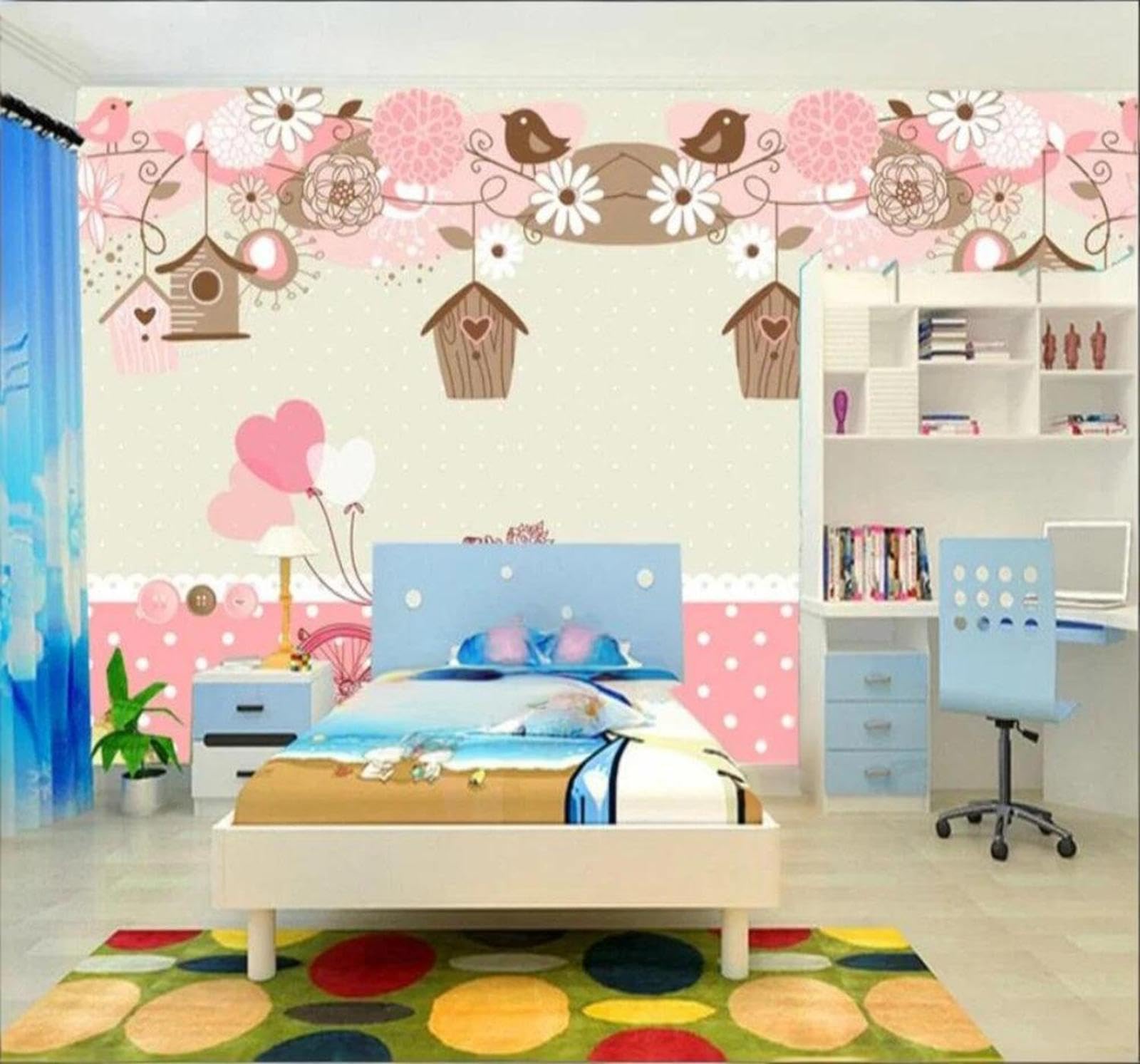 Xlming 350Cm×256Cm(B×H) Cosy Cartoon Little House Flowers And Birds Little Bear 3D Wallpaper Luxury Home Dining Decor Paste Sofa Living Room The Wall For Bedroom Mural-350Cm×256Cm