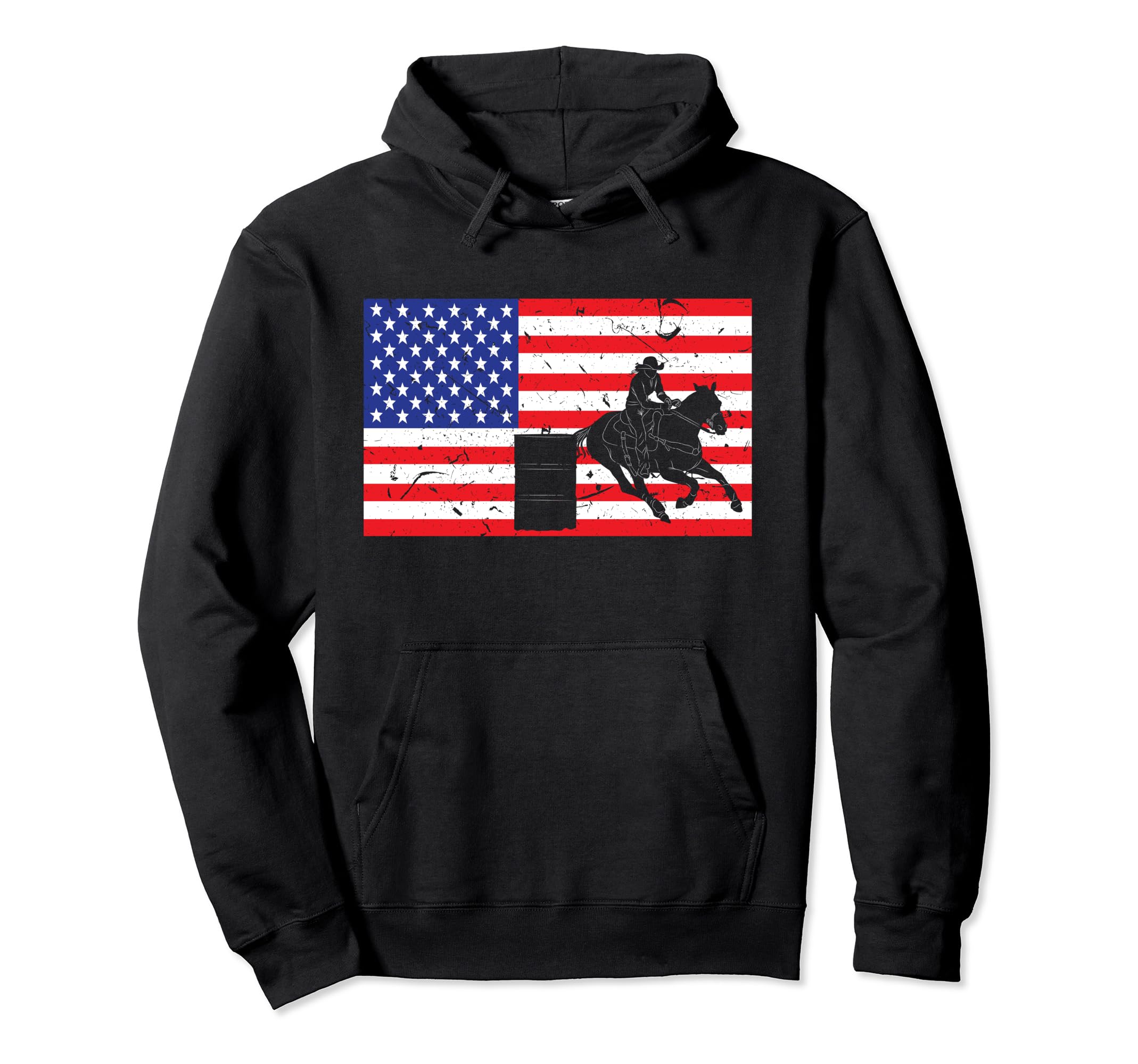Distressed Barrel Racing USA American Flag Vintage Rodeo Pullover Hoodie