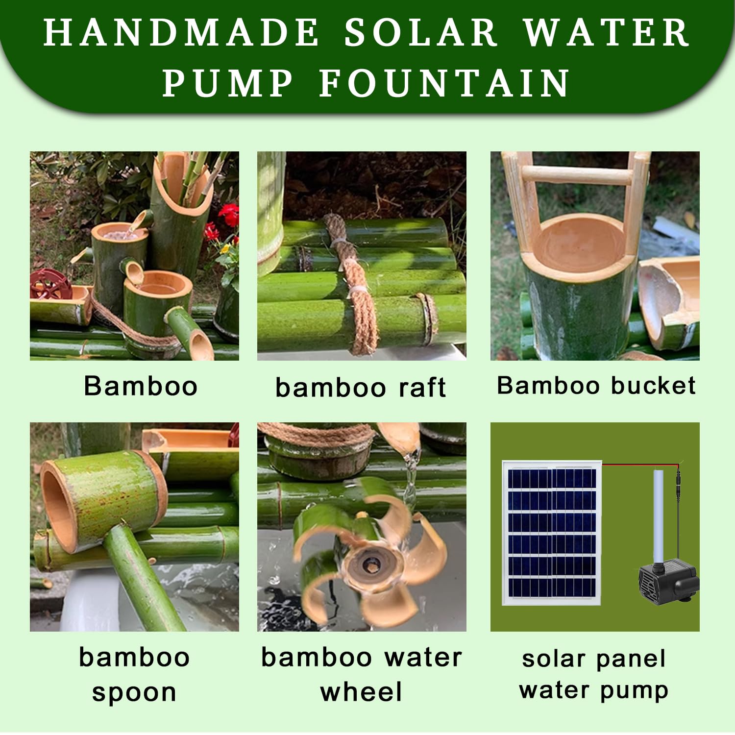 2-poziomowa fontanna z pompką bambusową, naturalny system cyrkulacji wody na zewnątrz, zestaw fontanny solarnej do dekoracji ogrodu, relaksu i spokoju