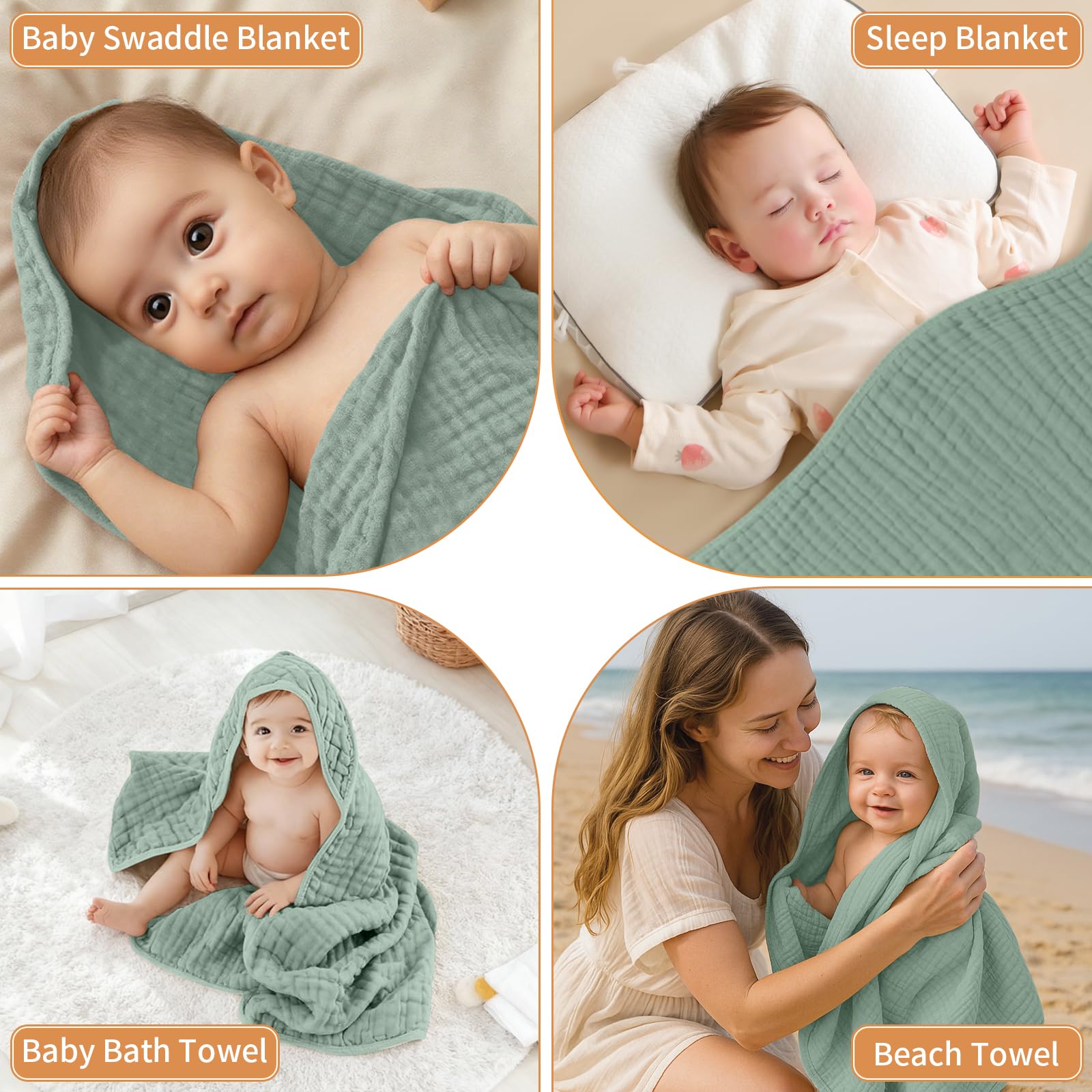 Asciugamano con Cappuccio per Neonati 80 x 80 cm Cotone Mussola Accappatoio Neonato Morbido Super Assorbente Mantella da Bagno per Bambini Asciugamano per Regalo-Verde scuro