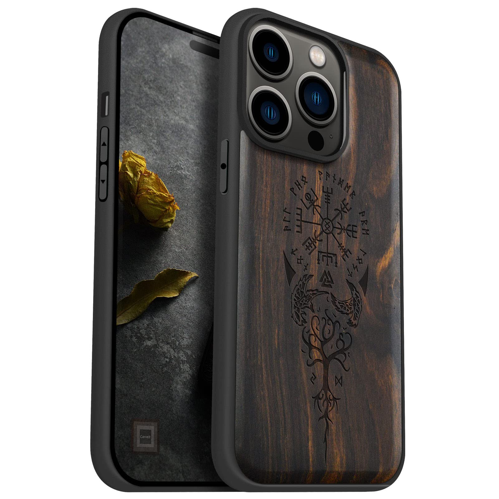 Carveit Magnetic Wood Case for iPhone 14 Pro - Natural Wood & Black Soft TPU - Shockproof Protective Cover - Unique & Classy Wooden Case - Compatible
