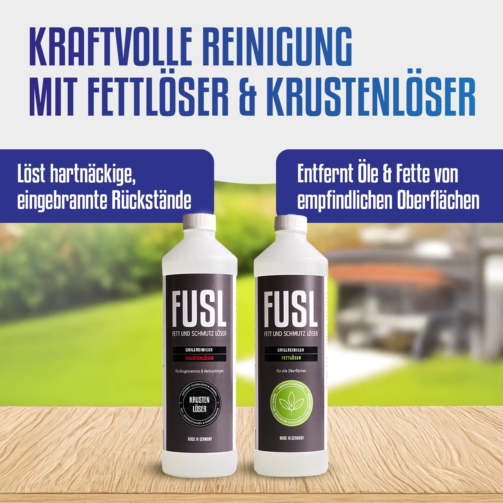 Grillreiniger Set 2x1 l – Krustenlöser & Fettlöser für BBQ, Grill, Pfanne & Backofen – starke Reinigung für Emaille, Edelstahl, Gusseisen, Aluguss, Holz & empfindliche Oberflächen