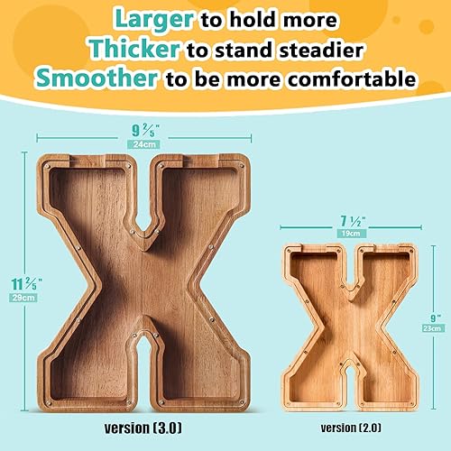 Miniatura 439 de SummiDate Alcancía de madera con nombre, niños y niñas, tamaño grande, letras alfabeto A-Z, monedas y billetes, inicial en cubierta transparente