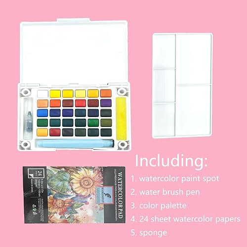 Miniatura 7 de Juego de pintura de acuarela, juego de pintura de viaje, tamaño compacto, juego de pintura portátil con bolígrafo de agua, 24 hojas de papel de