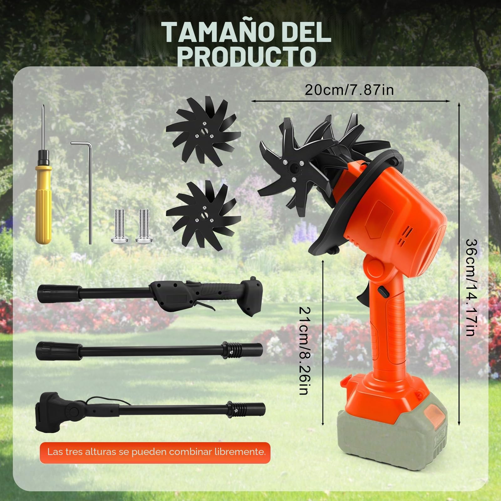 Cultivador de Mano a Batería para Makita 18V (sin Batería) (Barra 1,3 m) | 550W, Rotavator de Jardín, Profundidad de Fresado 10 cm, Ancho 10 cm, Azada