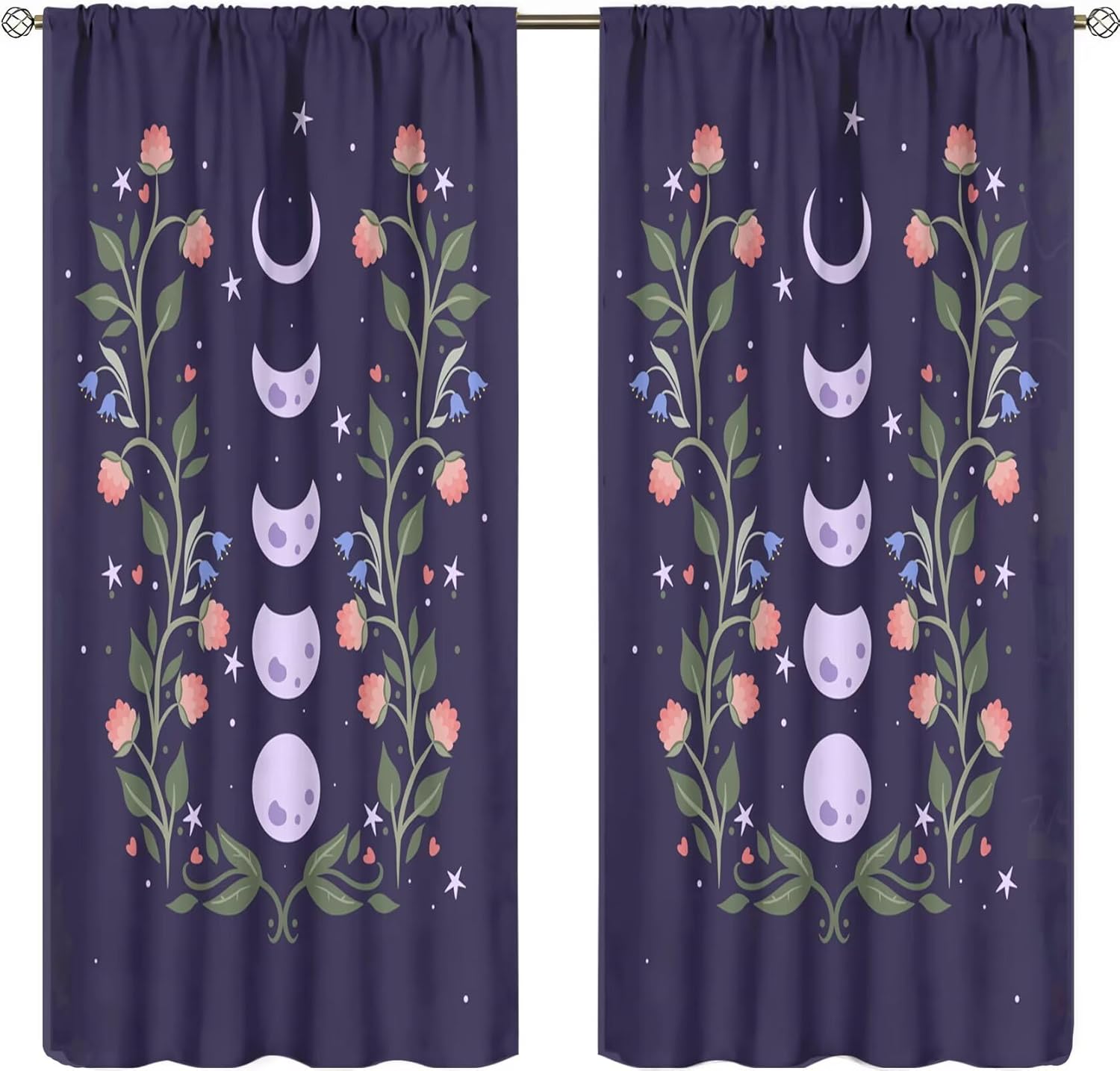 Boho Moon Floral Curtains Blue Flower Wildflower Rod Pocket Moon Phase Moonlit Garden Witchy Gothic Aesthetic Spring Nature Window Treatment Drapes Set for Bedroom Living Room Decor 52x84in