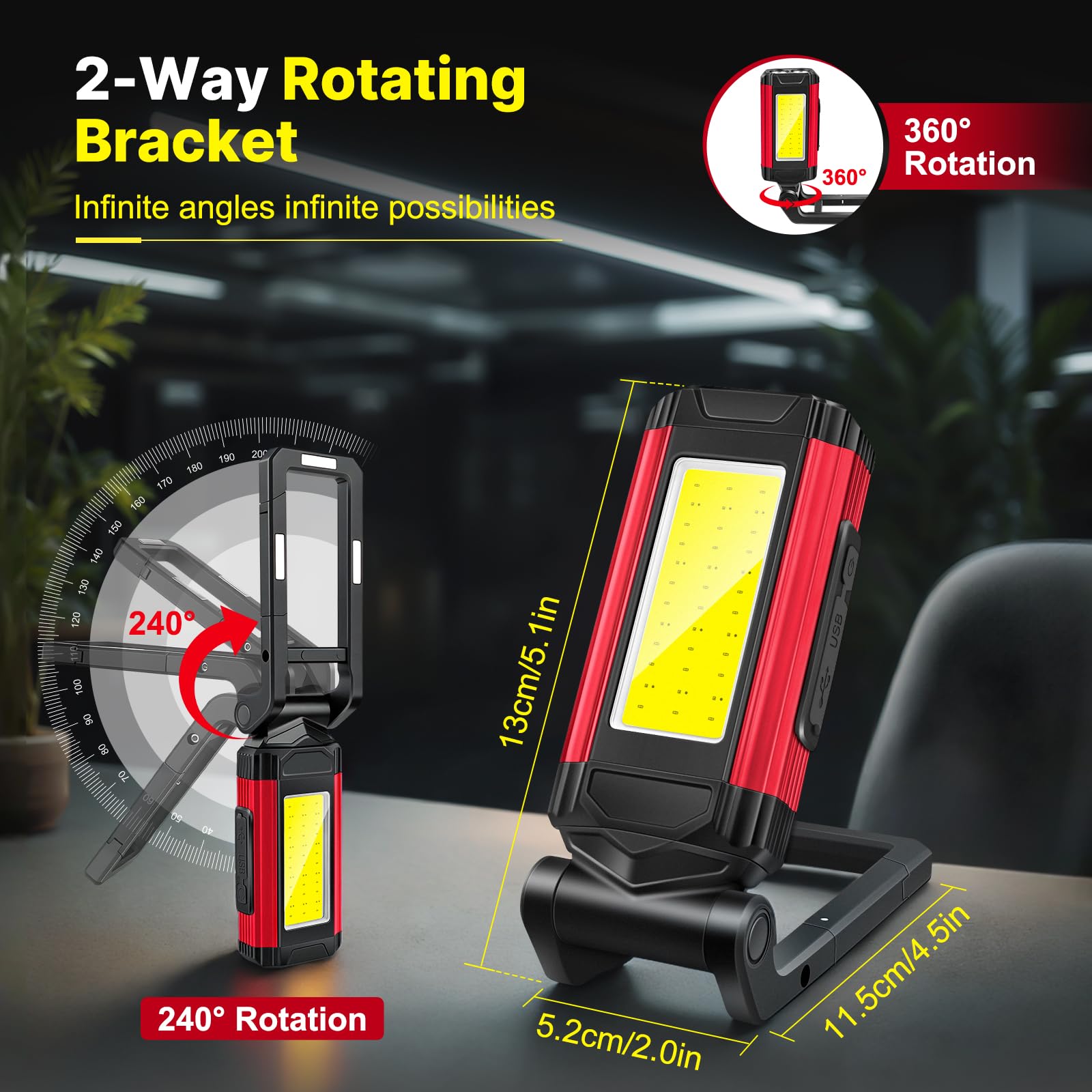 Lampe Travail Led Rechargeable, Baladeuse Led Mecanicien, Lampes d'inspection, Lampe Atelier CoB, Support Rotatif et Crochet Magnétique Pliable, Idéal pour Réparations, Camping Les Urgences, 2 Pièce