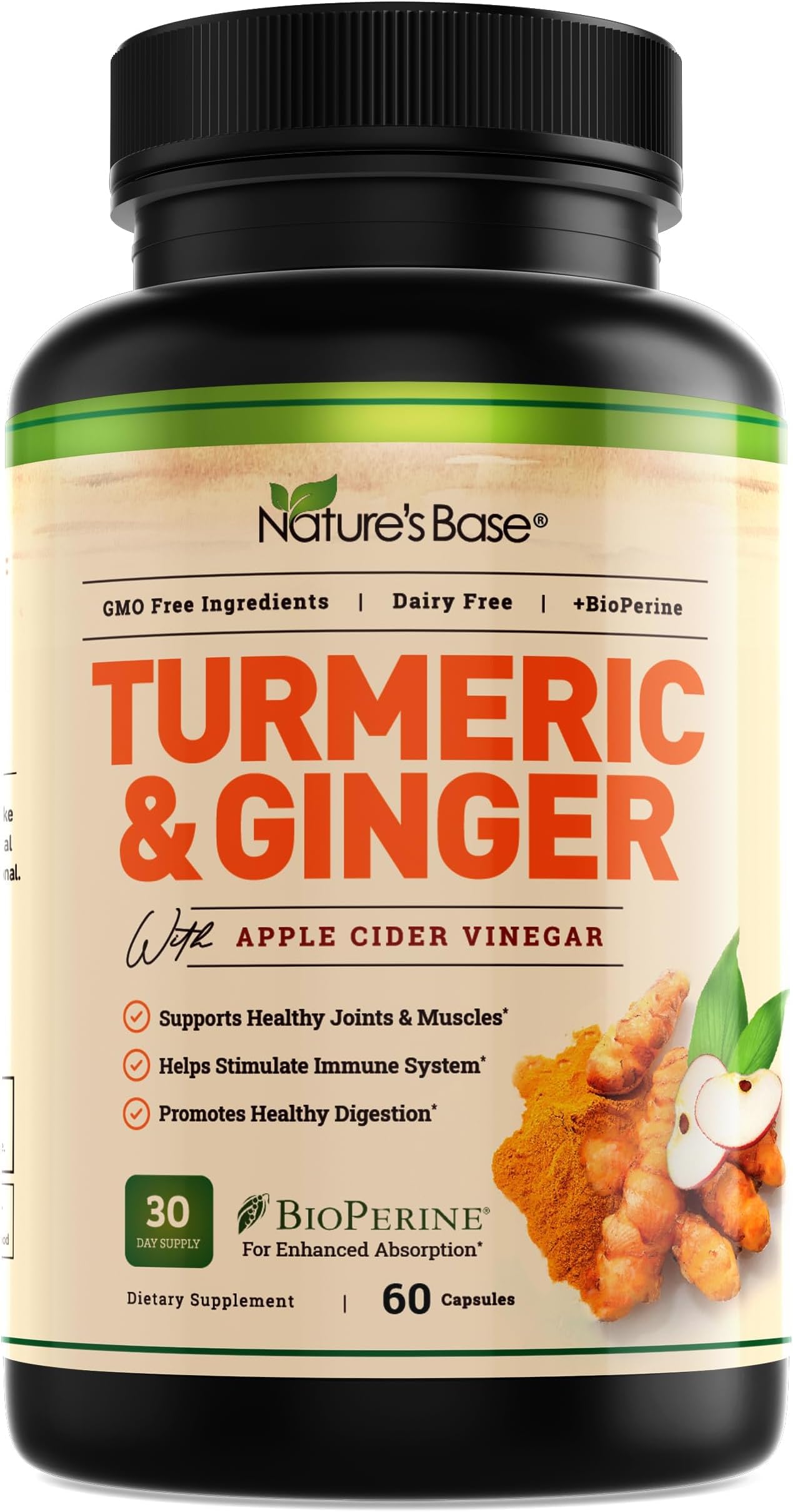 Nature's Base Turmeric and Ginger Supplement - with Curcumin, Apple Cider Vinegar & BioPerine Black Pepper Extract - 95% Curcuminoids - 60 Capsules