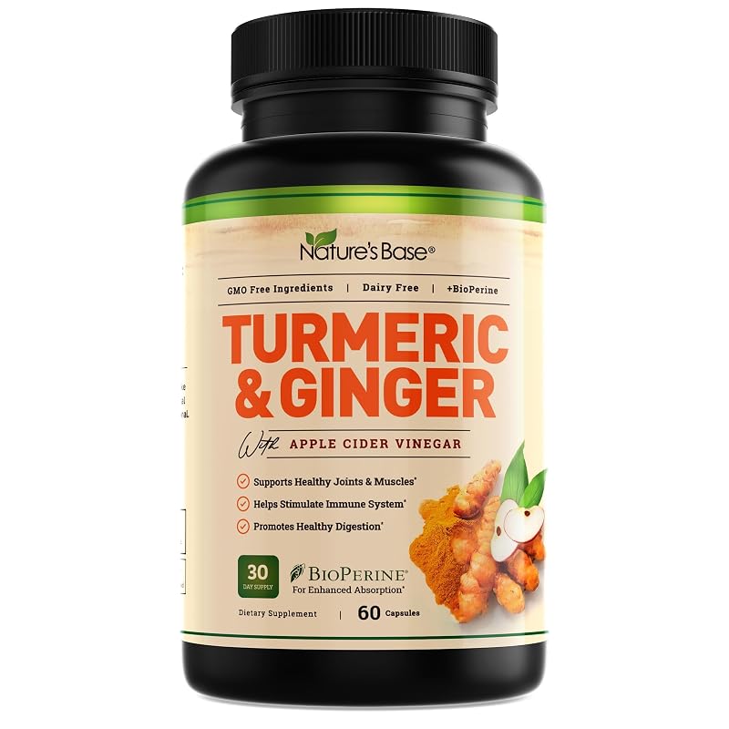 Nature's Base Suplemento Fitoterápico de Cúrcuma e Gengibre com Curcumina, 95% de Curcuminoides, Vinagre de Maçã e BioPerine, 60 cápsulas