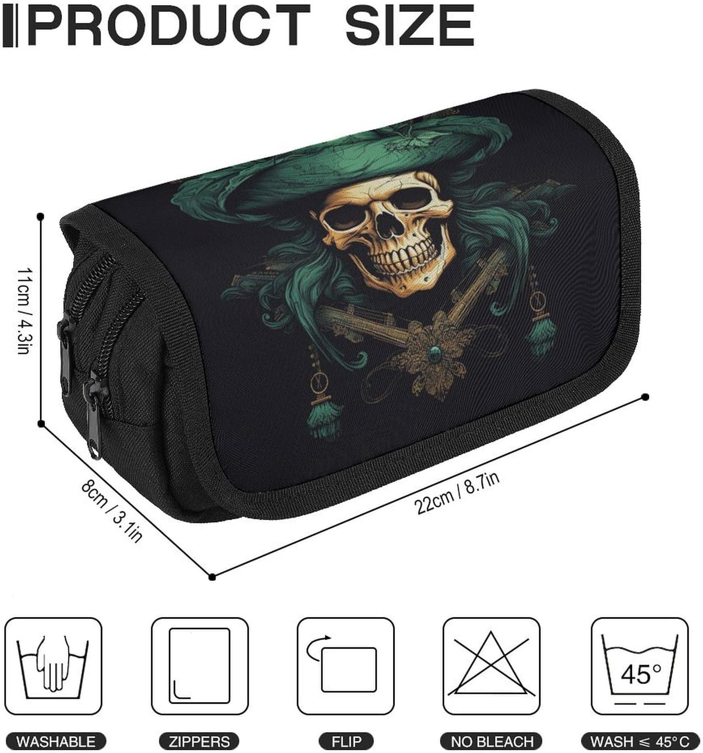 Pencil Case Pirate Skull Large Capacity Pencil Case Double Zipper Storage Bag 2 Compartments Portable Multifunctional Bag Desk Organizer Marker Pen Case