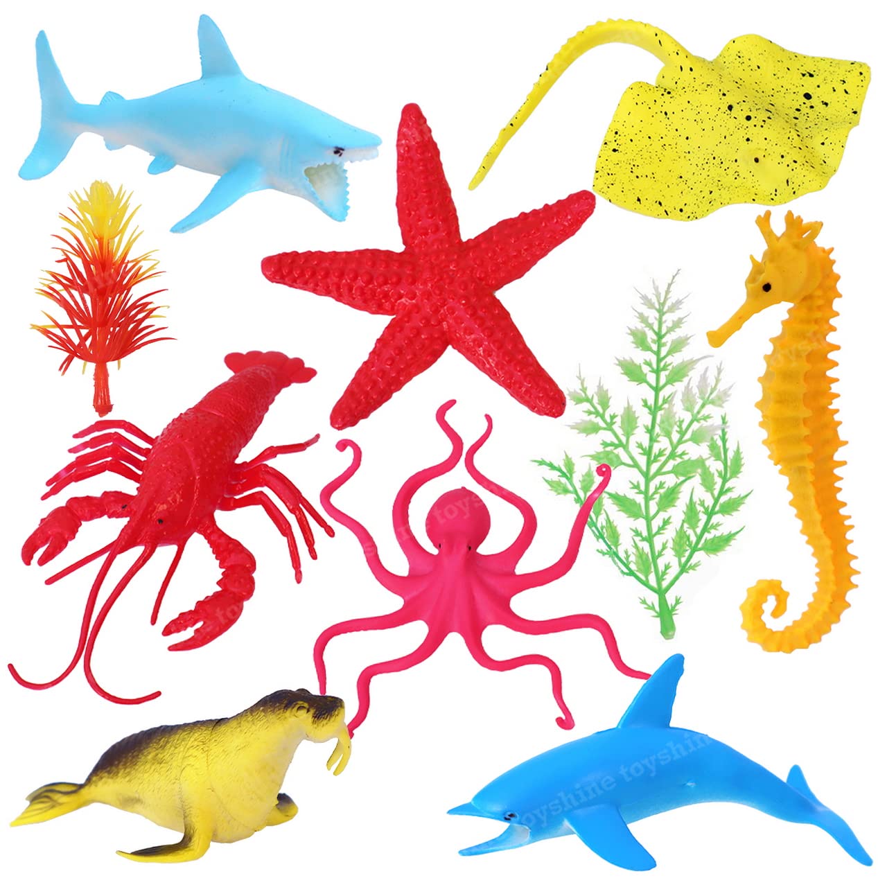 ToyshineAquatic Sea Animals Toy Figure Playing Set for Kids (Pack of 10, 8 Animals, 2 Grass)