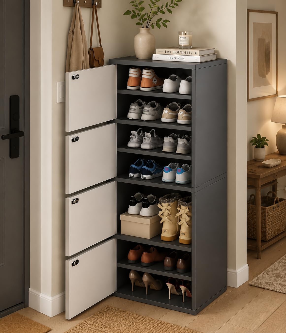 Mevigo-Wooden Shoe Rack with 4-Door - Tall Shoe Cabinet with Doors, 7-Tier Freestanding Shoe Storage Organizer for Entryway, Engineered Wood Shoe Stand Cabinet, Space-Saving Narrow Shoe Rack Wooden discount deal