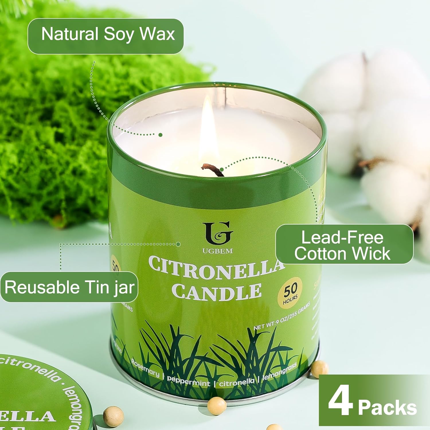 Citronella Candles Outdoor (9oz, 4 Packs) Natural Soy Wax Camping Candles, 50 Hours Long Burn Time, Plant-Based Essential Oil Large Lemongrass Candle for Patio, Deck, Garden, Backyard, Home Indoor