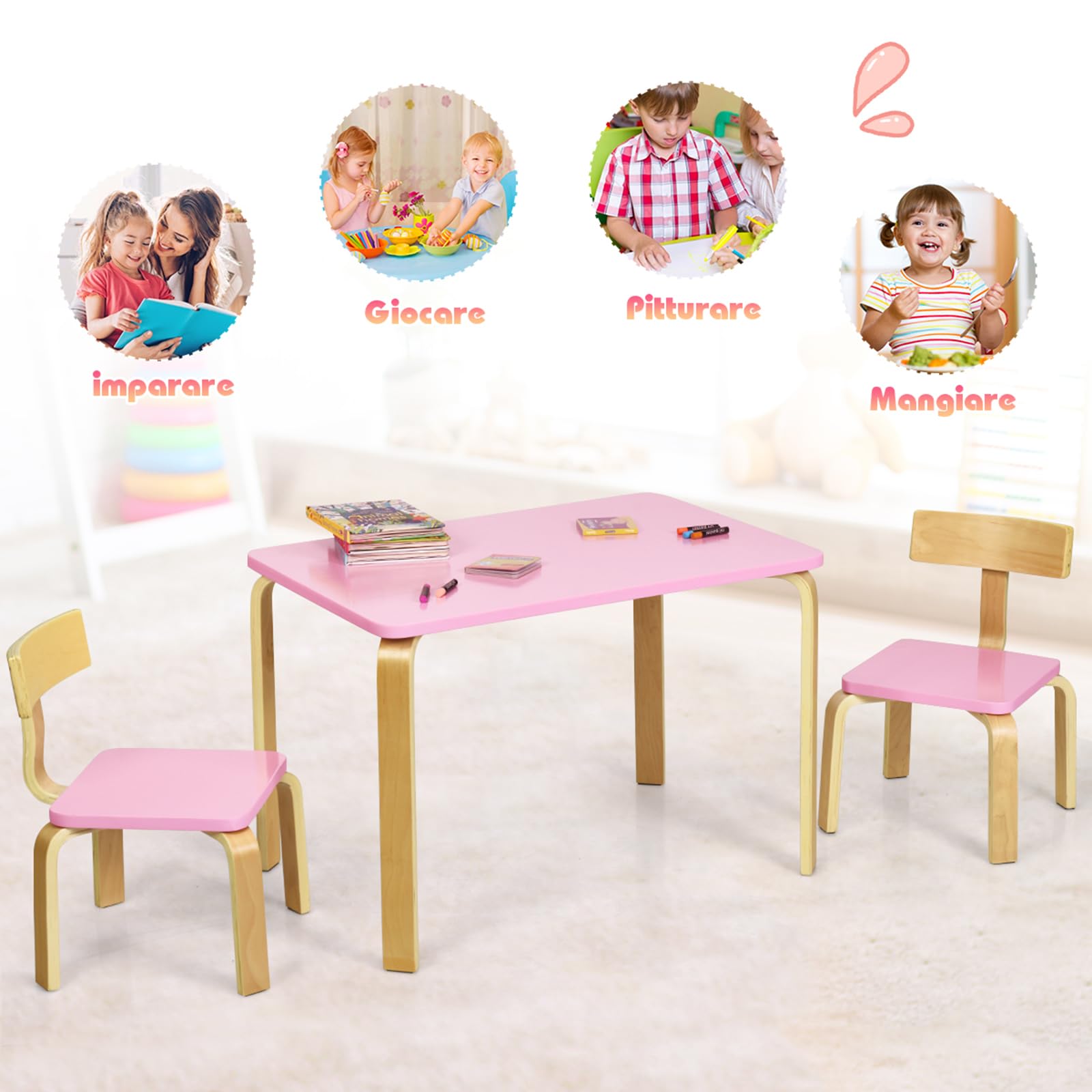 COSTWAY Set di sedie per bambini 3 pezzi, tavolo per
